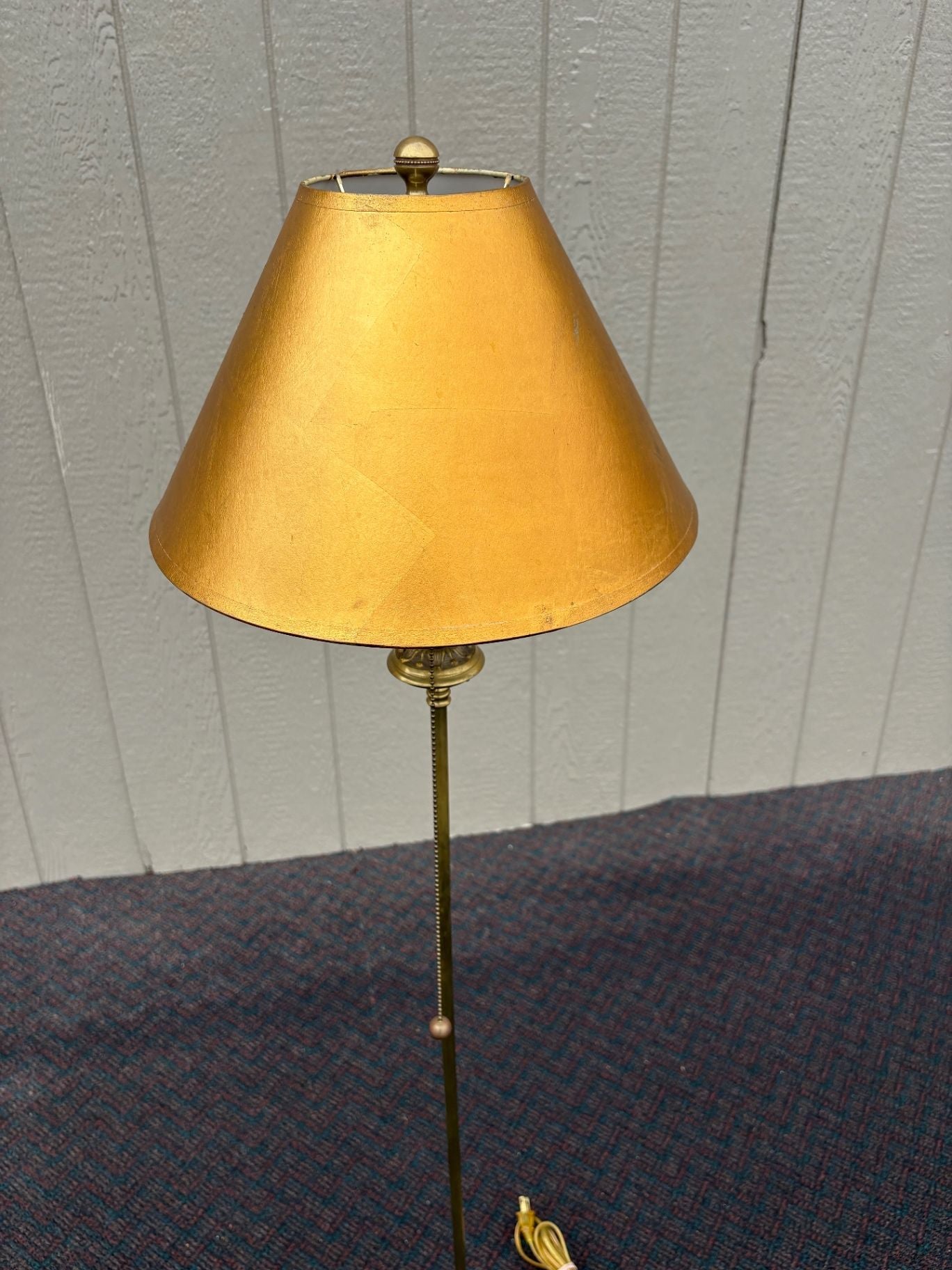 67509  Vintage Brass Floor Lamp with Gold Shade and Ornate Base