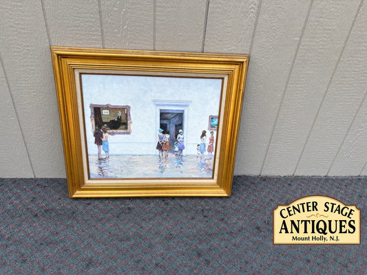 68041 Vintage Framed Painting of Museum Scene in Gold Frame