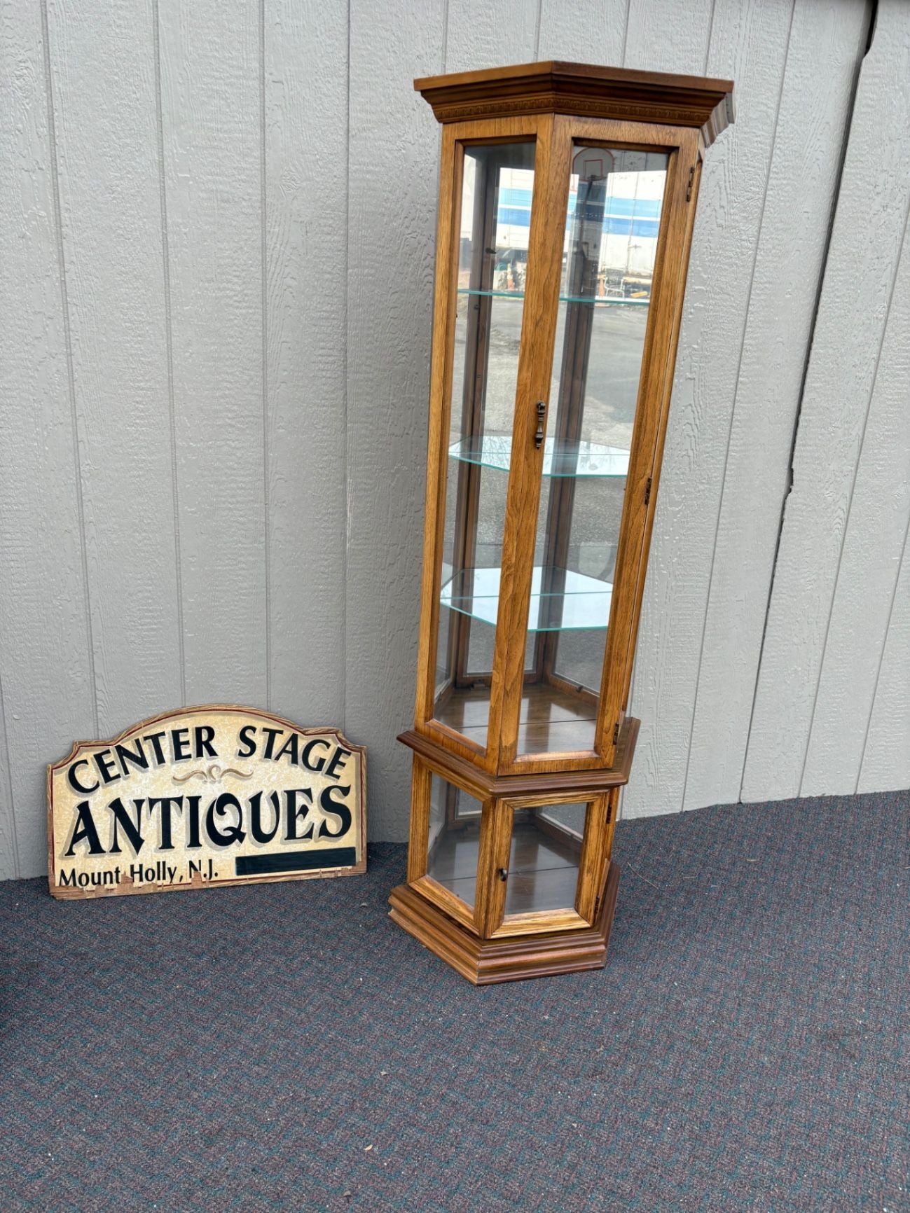 67440 Vintage Oak and Glass Pulaski Lighted Curio Cabinet