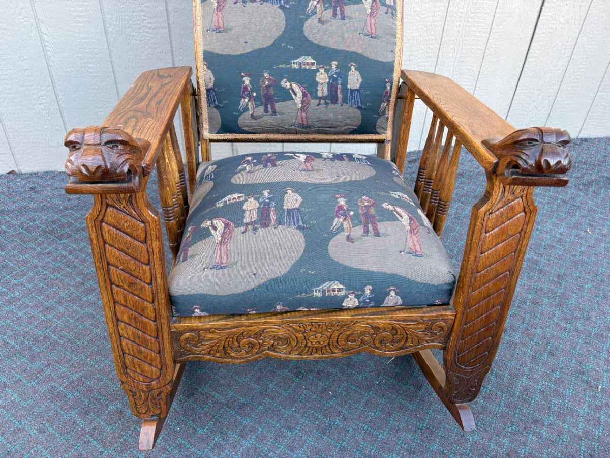 68235 Victorian Oak Morris Rocking Chair with Lion Carvings