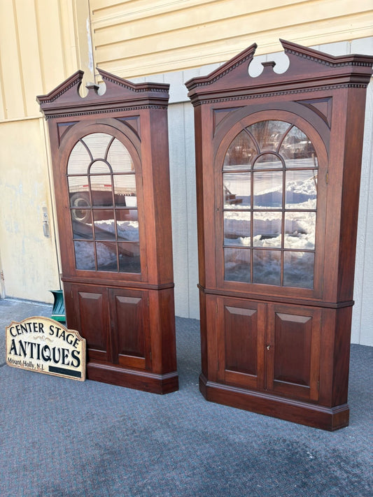 67464  Pair of Biggs Mahogany Corner Cabinets with Glass Doors