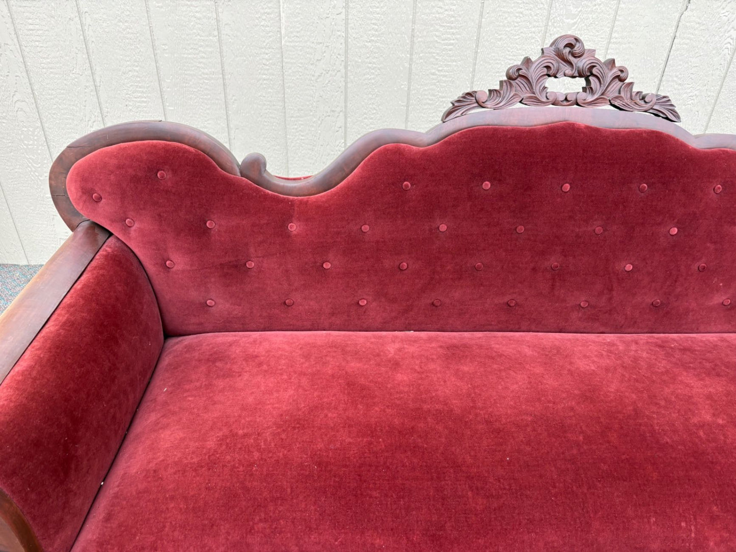 67490  Antique Empire Sofa with Red Velvet Upholstery and Carved Wood