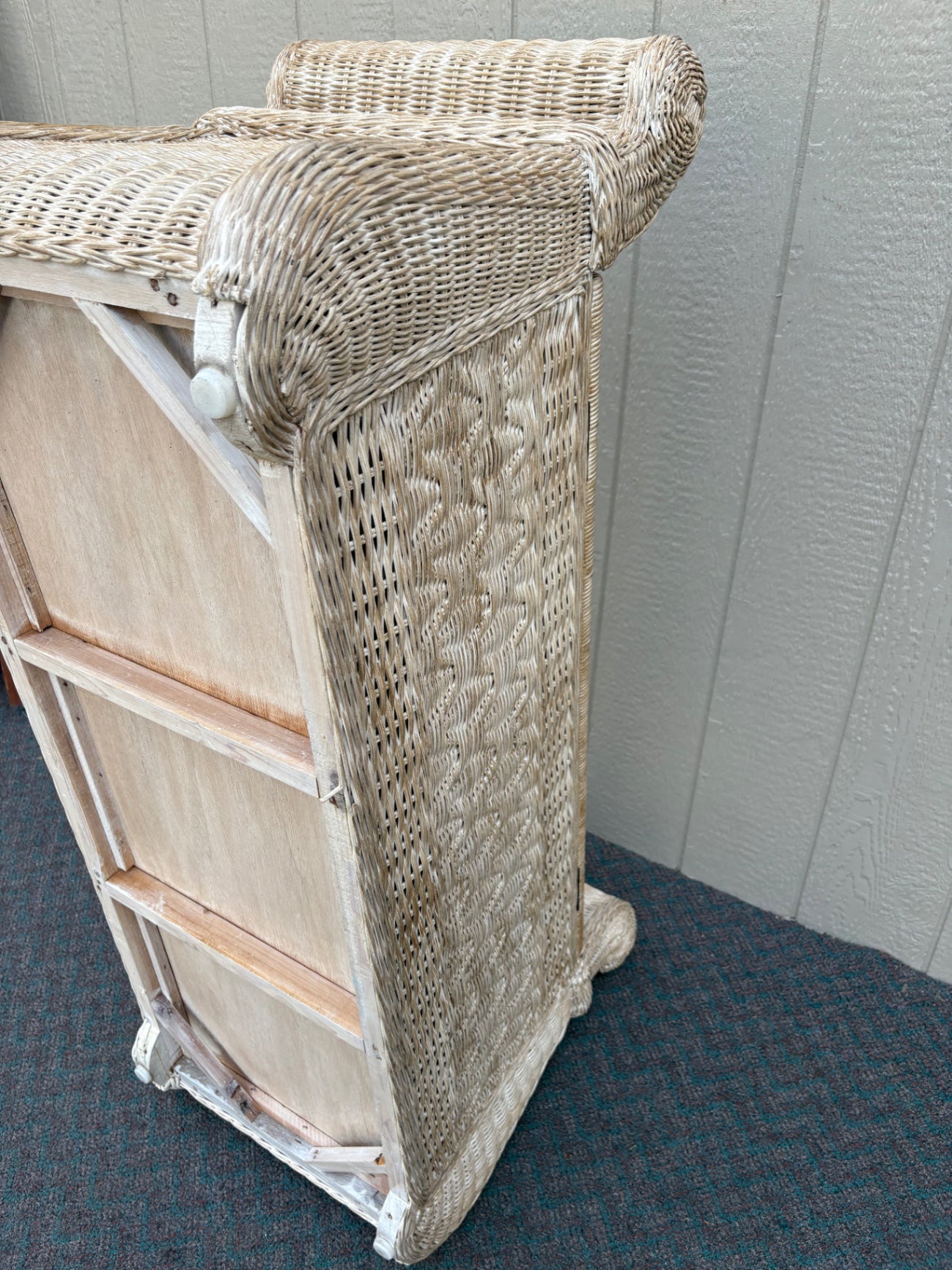 67851 Vintage Wicker Storage Trunk with Rolled Arms and Hinged Lid