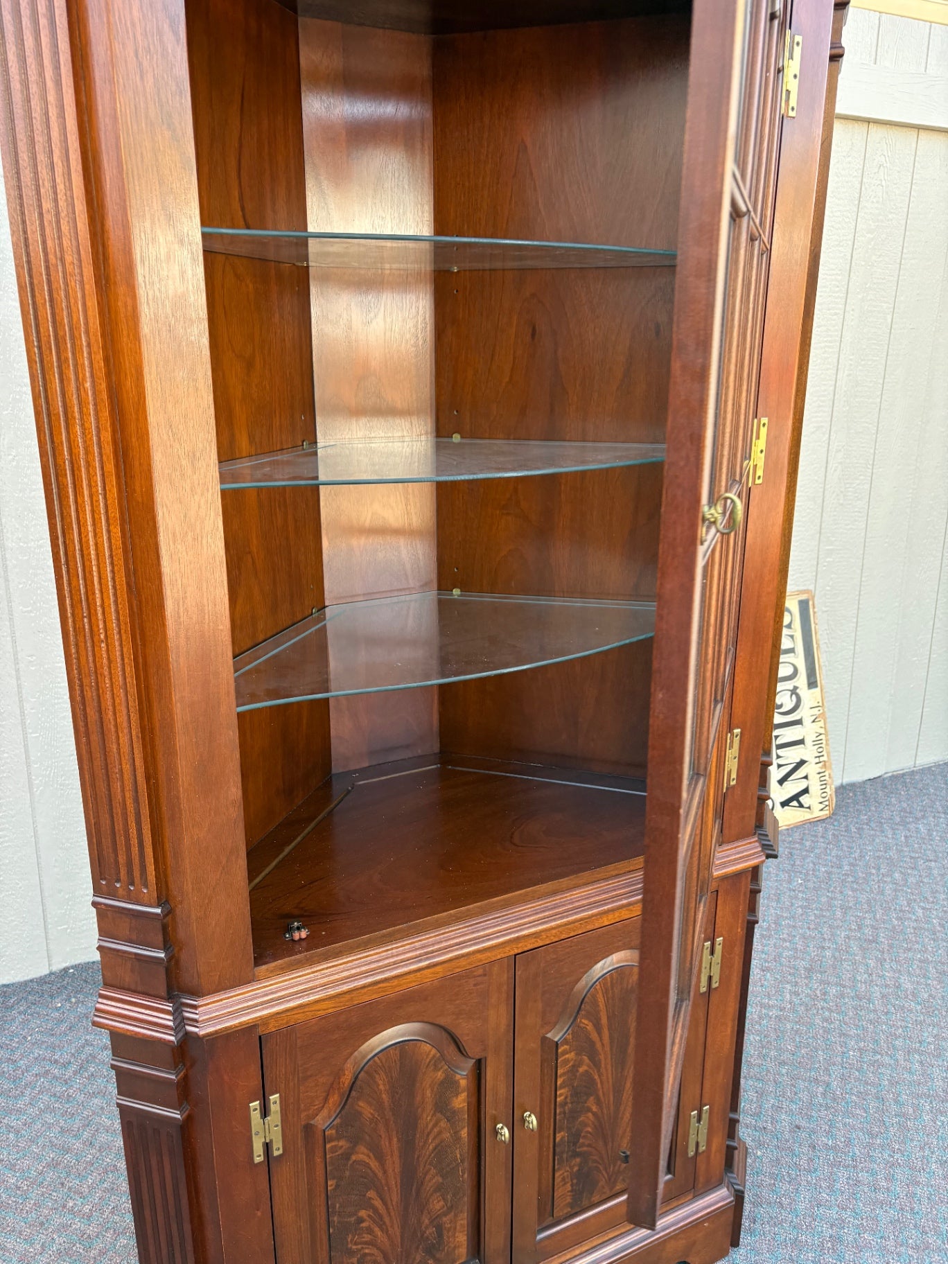 67701 Elegant Mahogany Corner Cabinet with Glass Doors and Shelves