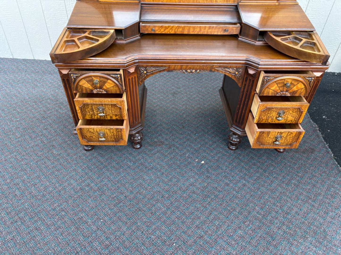 67476  Antique Walnut Vanity with Mirror, Ornate Carving and Drawers