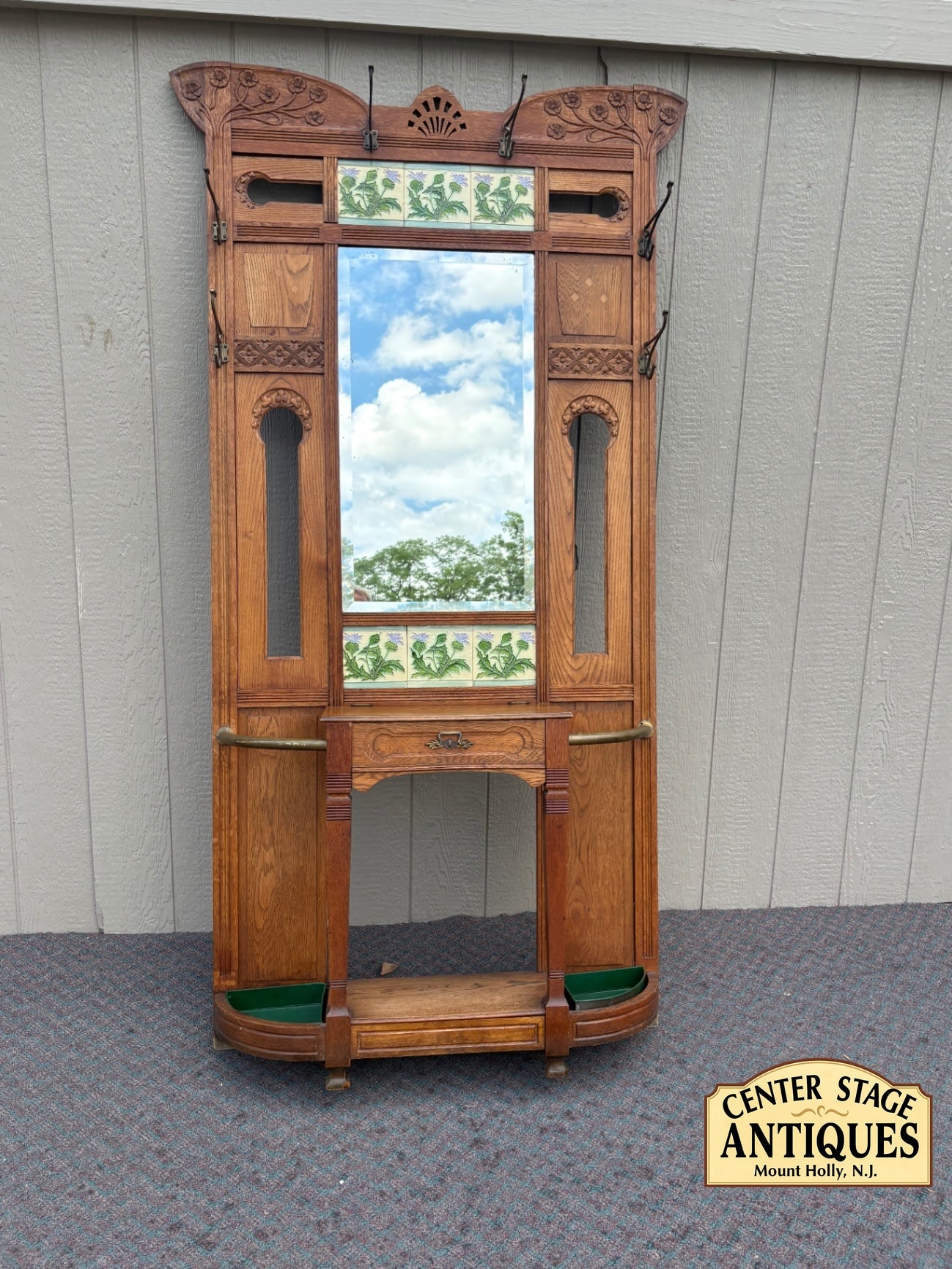 67899 Victorian Oak Hall Tree with Mirror and Ceramic Tile Inlays