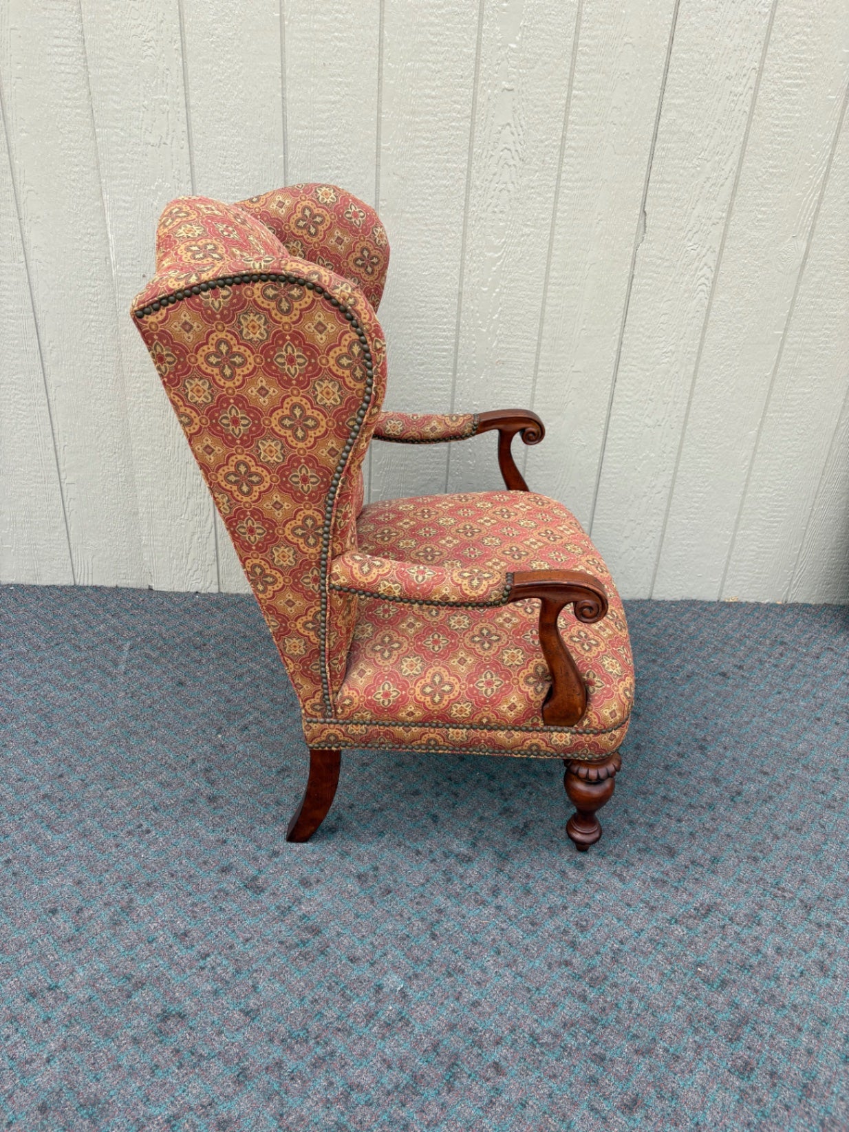 67940 Thomasville Traditional Wingback Armchair with Ornate Fabric Upholstery