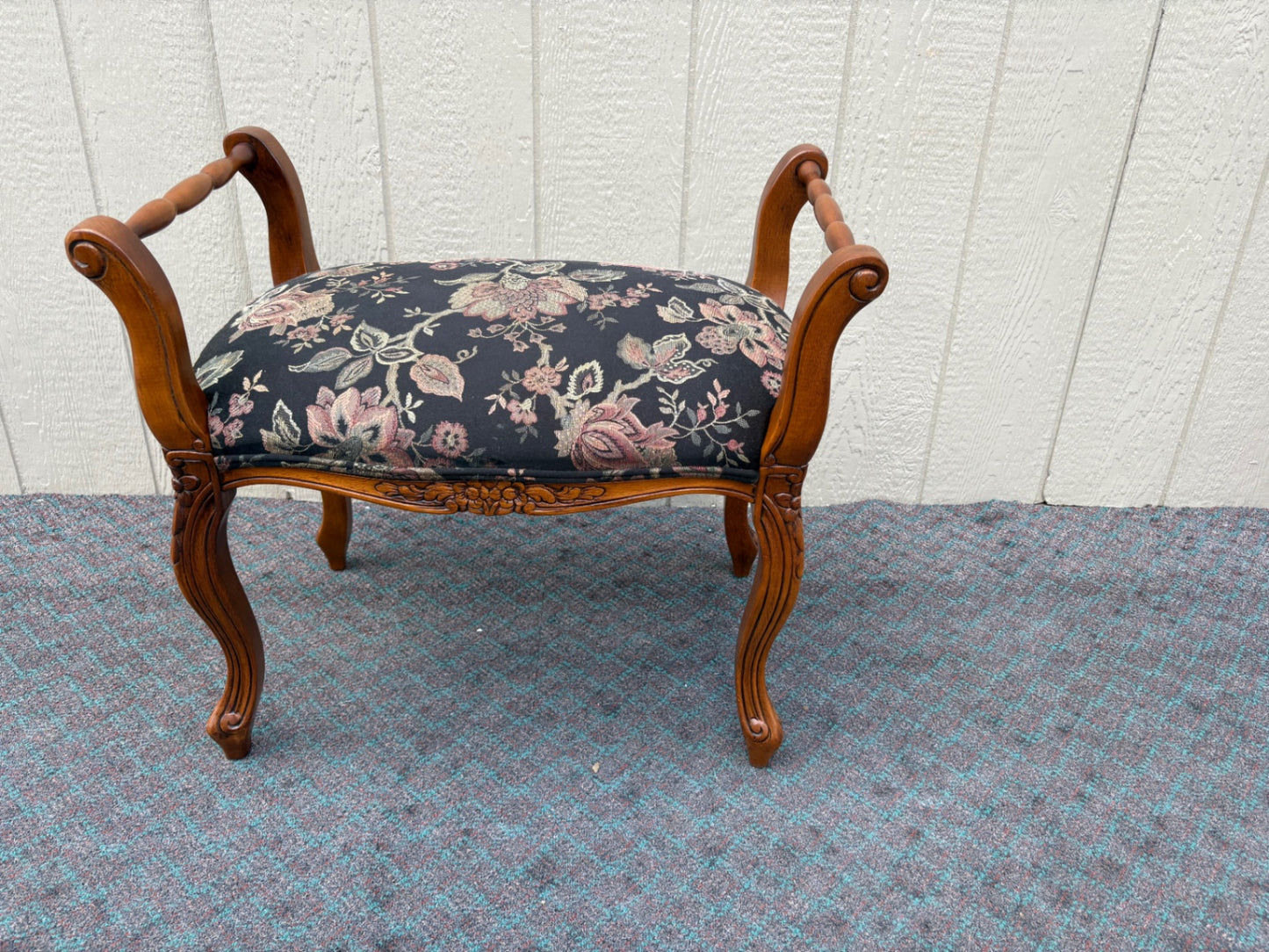 68098 Vintage Carved Wood Window Bench with Floral Upholstery