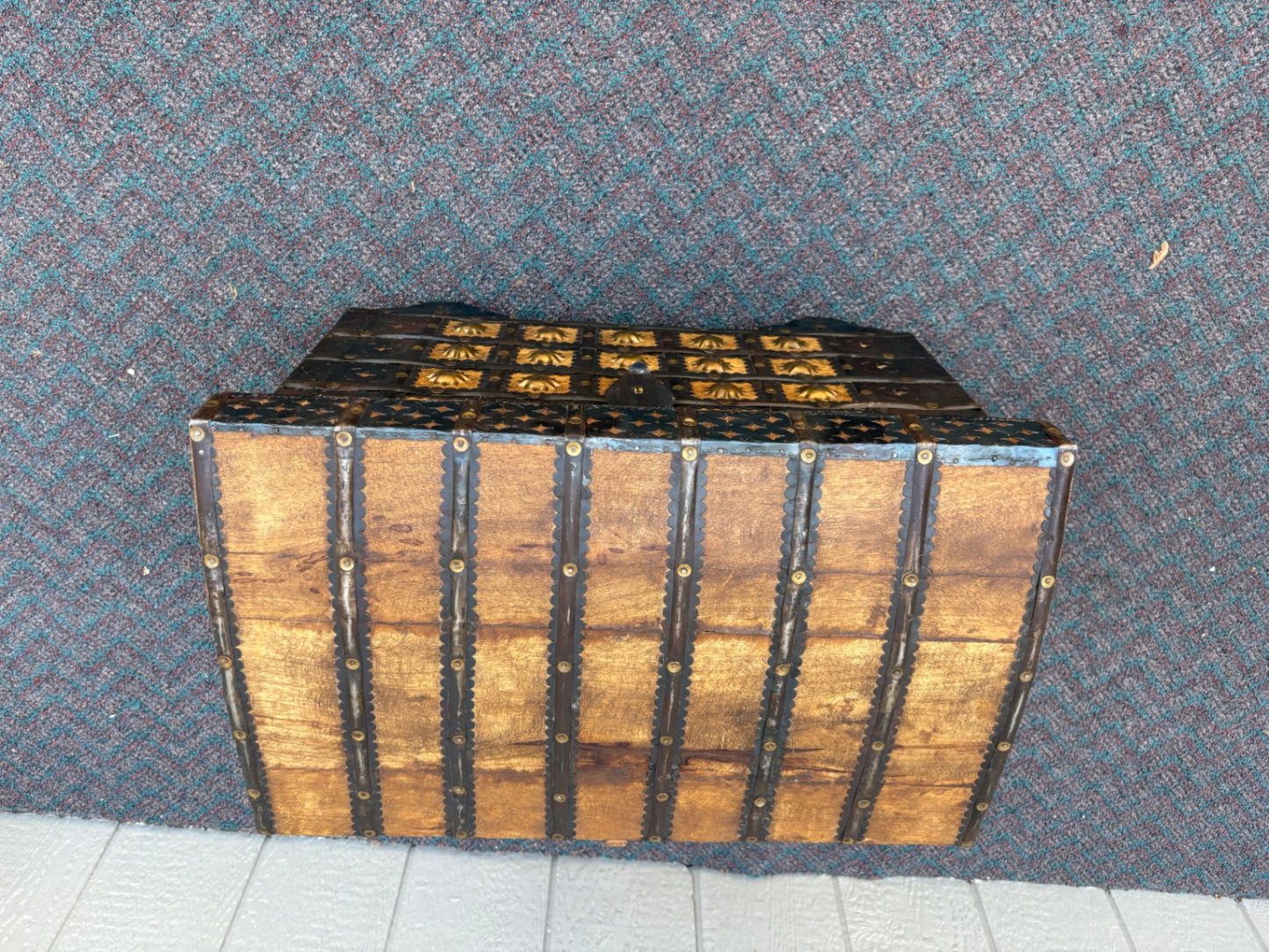 67771  Vintage PIER 1  Wooden Trunk on Wheels with Metal Accents