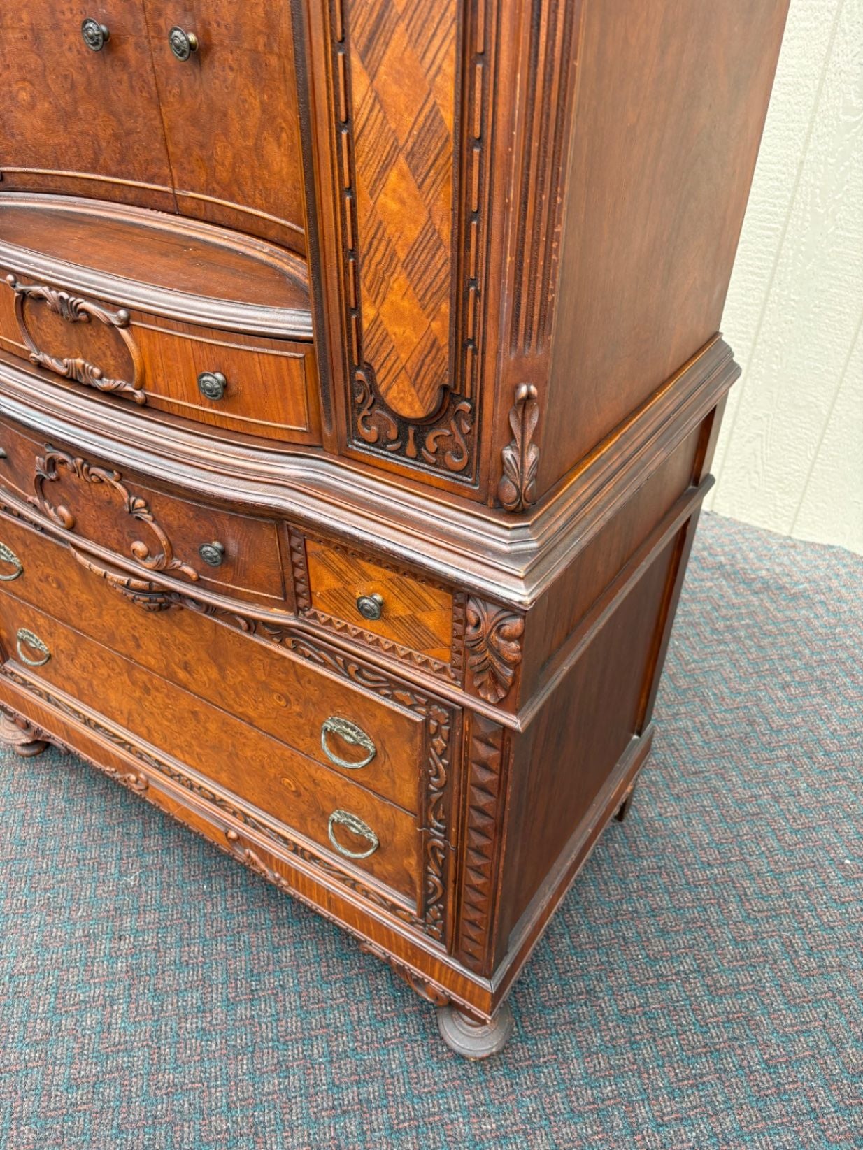67535 Antique Walnut High Chest with Intricate Carvings and Secret Compartment