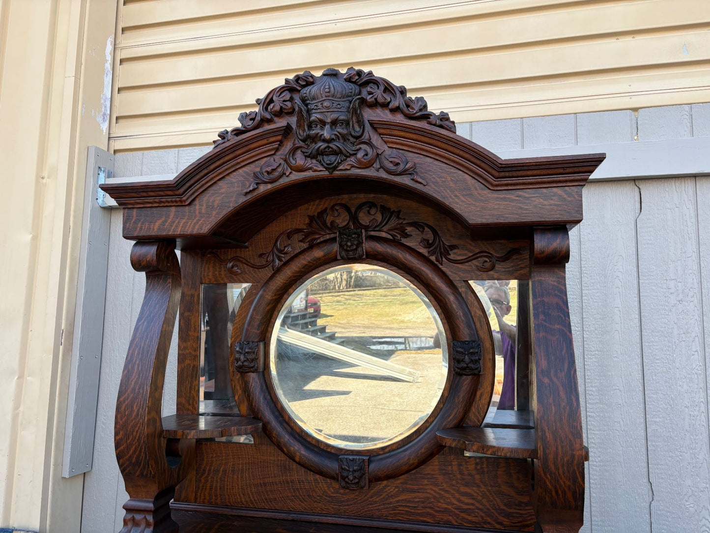67417 Victorian Tiger Oak Sideboard with Figural Carvings and Mirror