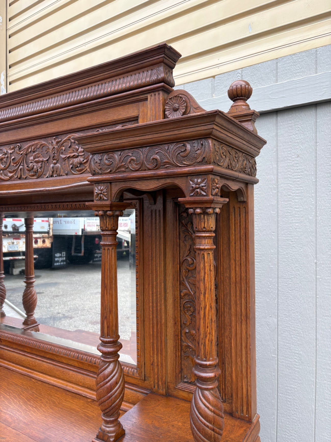 67852  Ornate Victorian Oak Buffet with Mirror and Carved Details