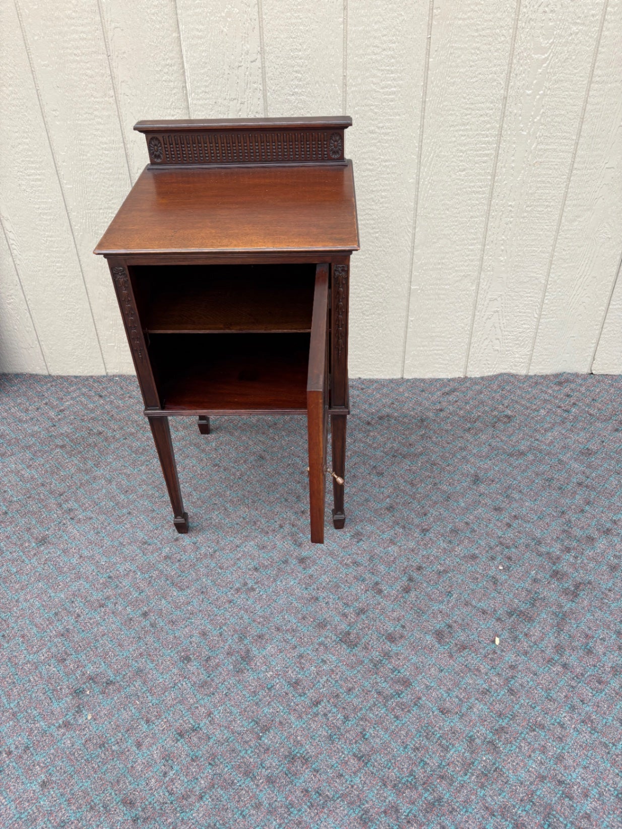 67982 Antique Mahogany Nightstand with Carved Details and Shelf