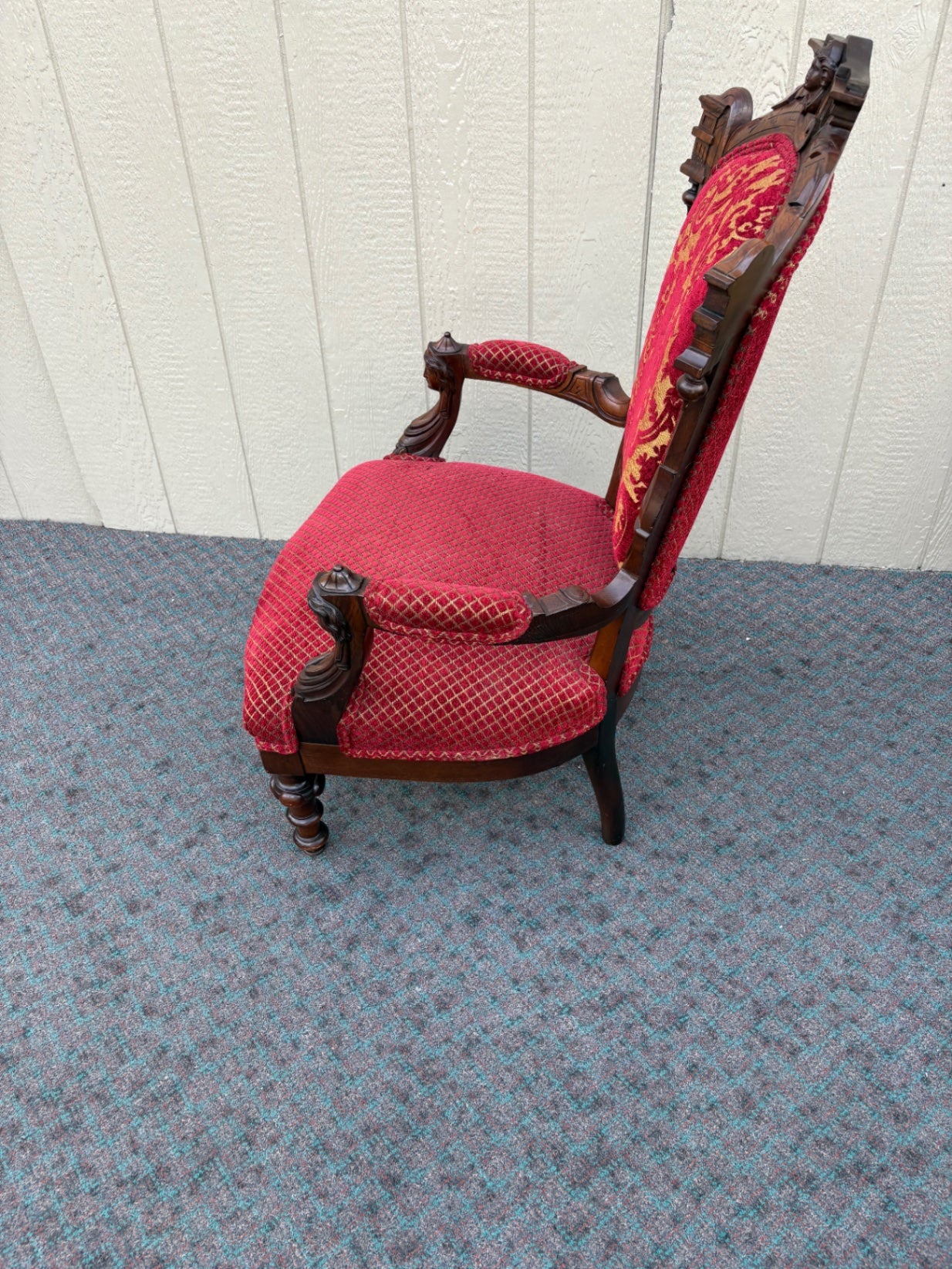 67682 Victorian Carved Walnut Armchair with Red Upholstery