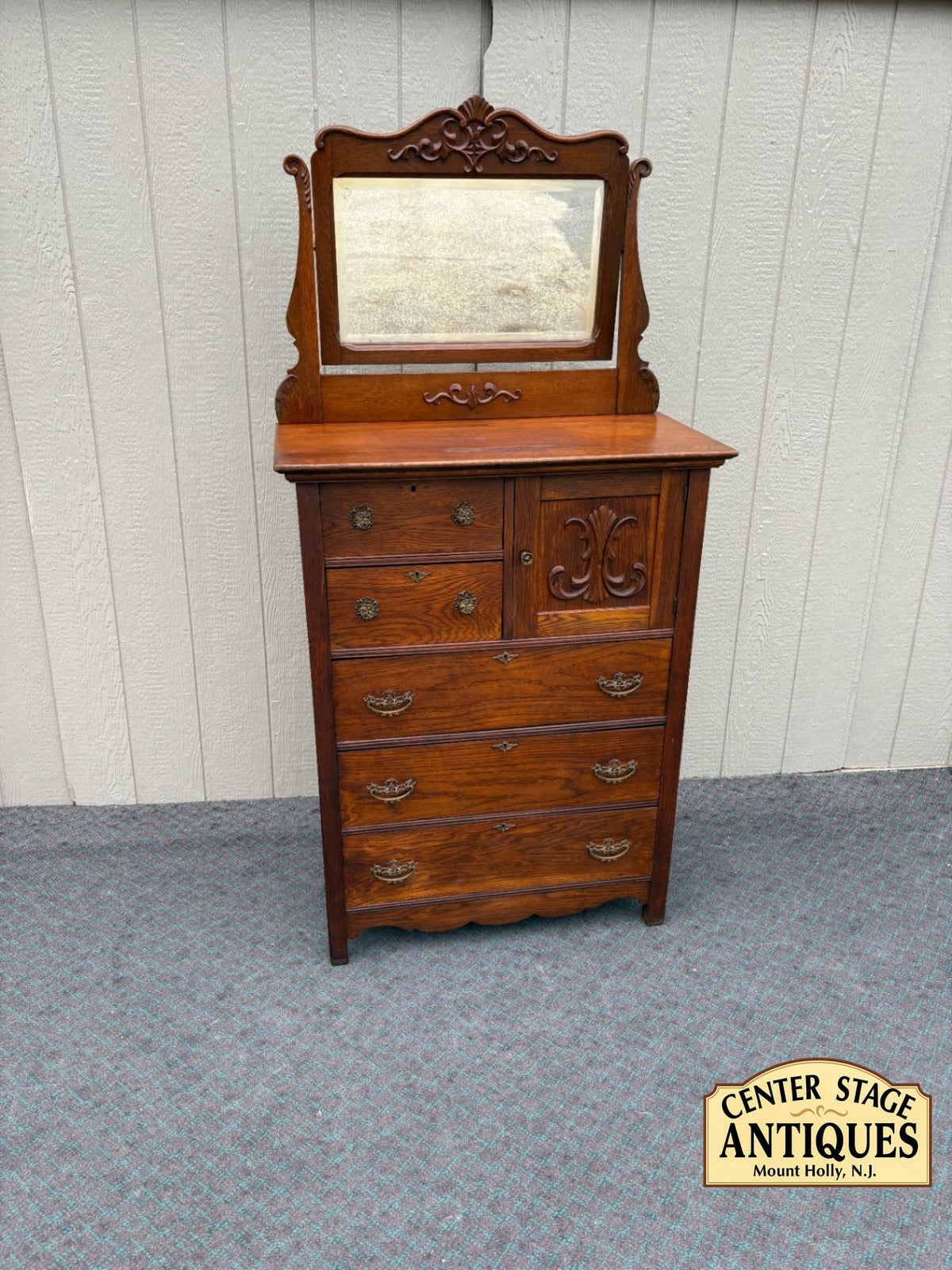 68120 Victorian Oak High Chest with Mirror and Carved Details