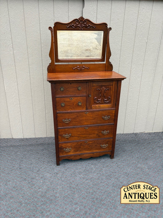 68120 Victorian Oak High Chest with Mirror and Carved Details
