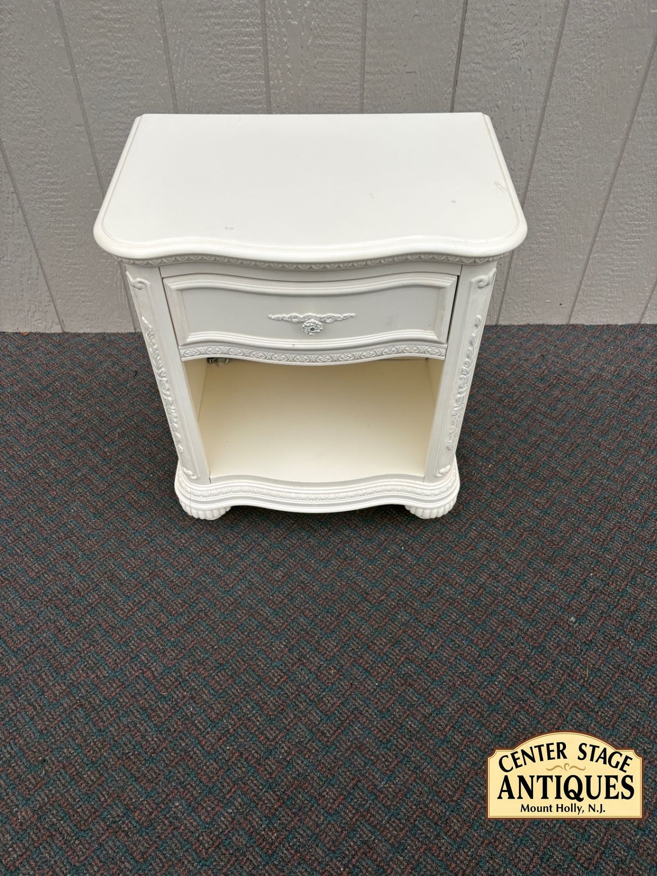 67552 French Provincial White Nightstand with Carved Details