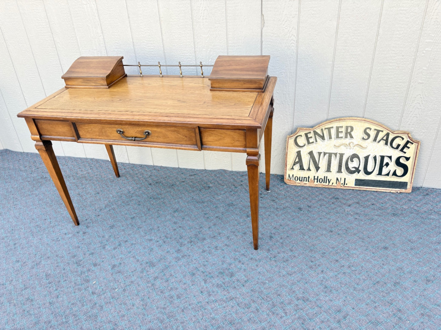 67969 Vintage Wood Writing Desk with Brass Gallery and Hidden Compartments