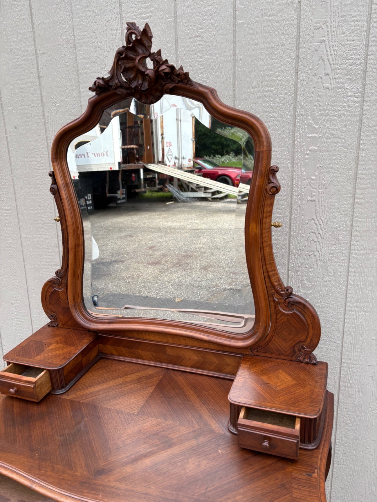 68043 Elegant French Rococo Vanity with Mirror in Rich Walnut