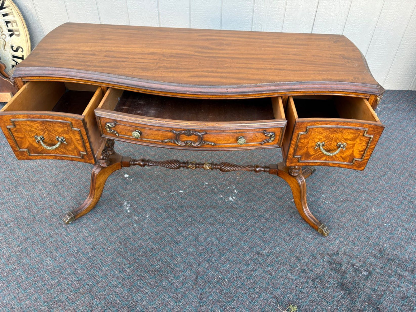 67433  Elegant Regency Style Mahogany Vanity Desk with Carved Details