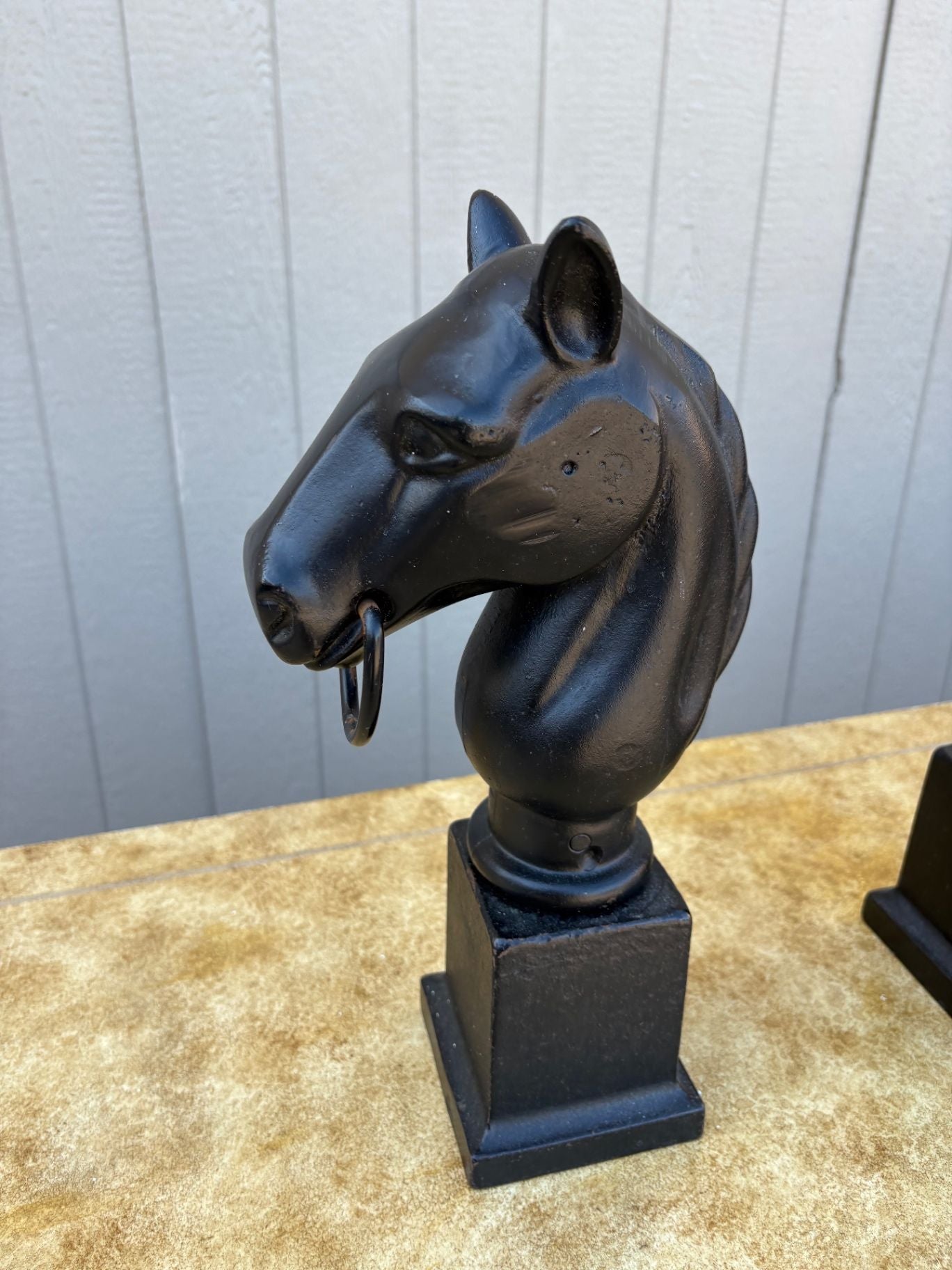 67592 Pair of Vintage Cast Iron Horse Head Sculptures with Rings