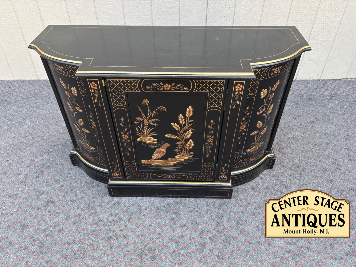 68118 Black Lacquer Asian-Inspired Cabinet with Floral and Bird Motifs