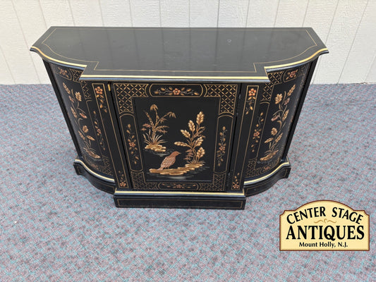 68118 Black Lacquer Asian-Inspired Cabinet with Floral and Bird Motifs