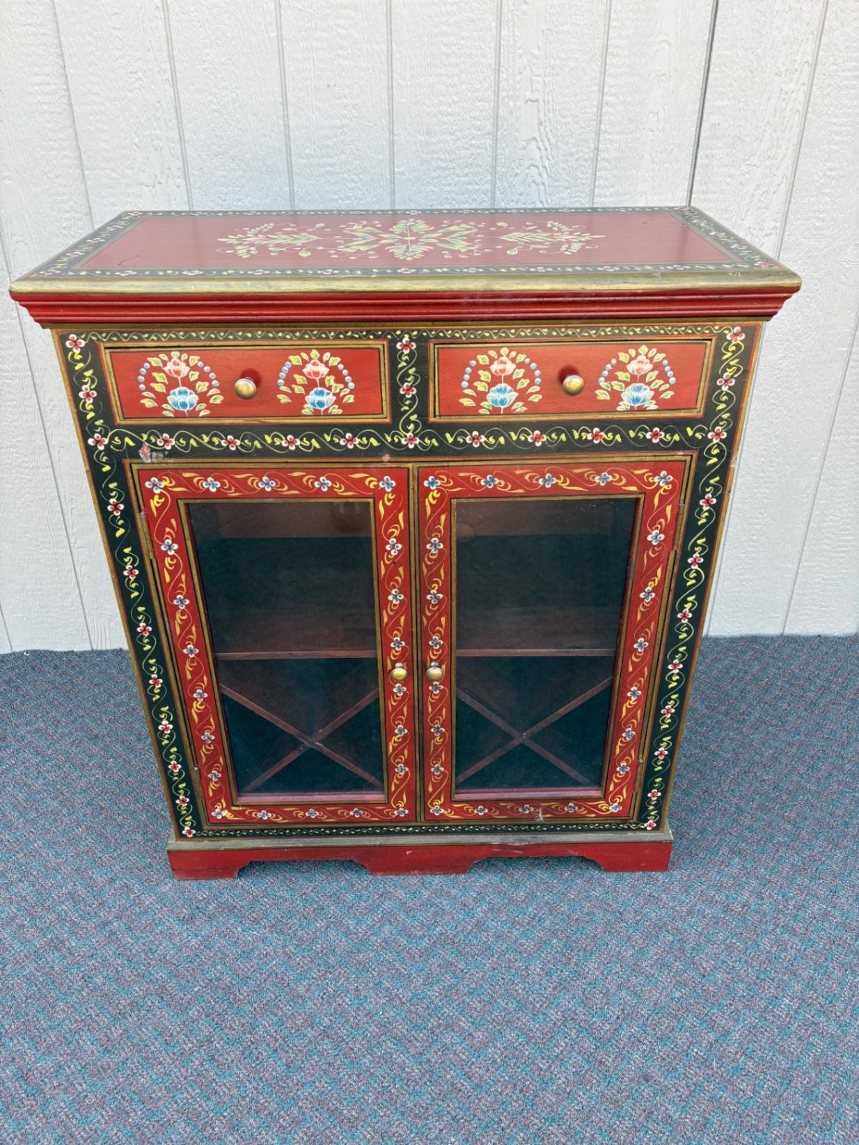 67610 Hand-Painted Pier 1 Wine Cabinet with Floral Motif and Glass Doors