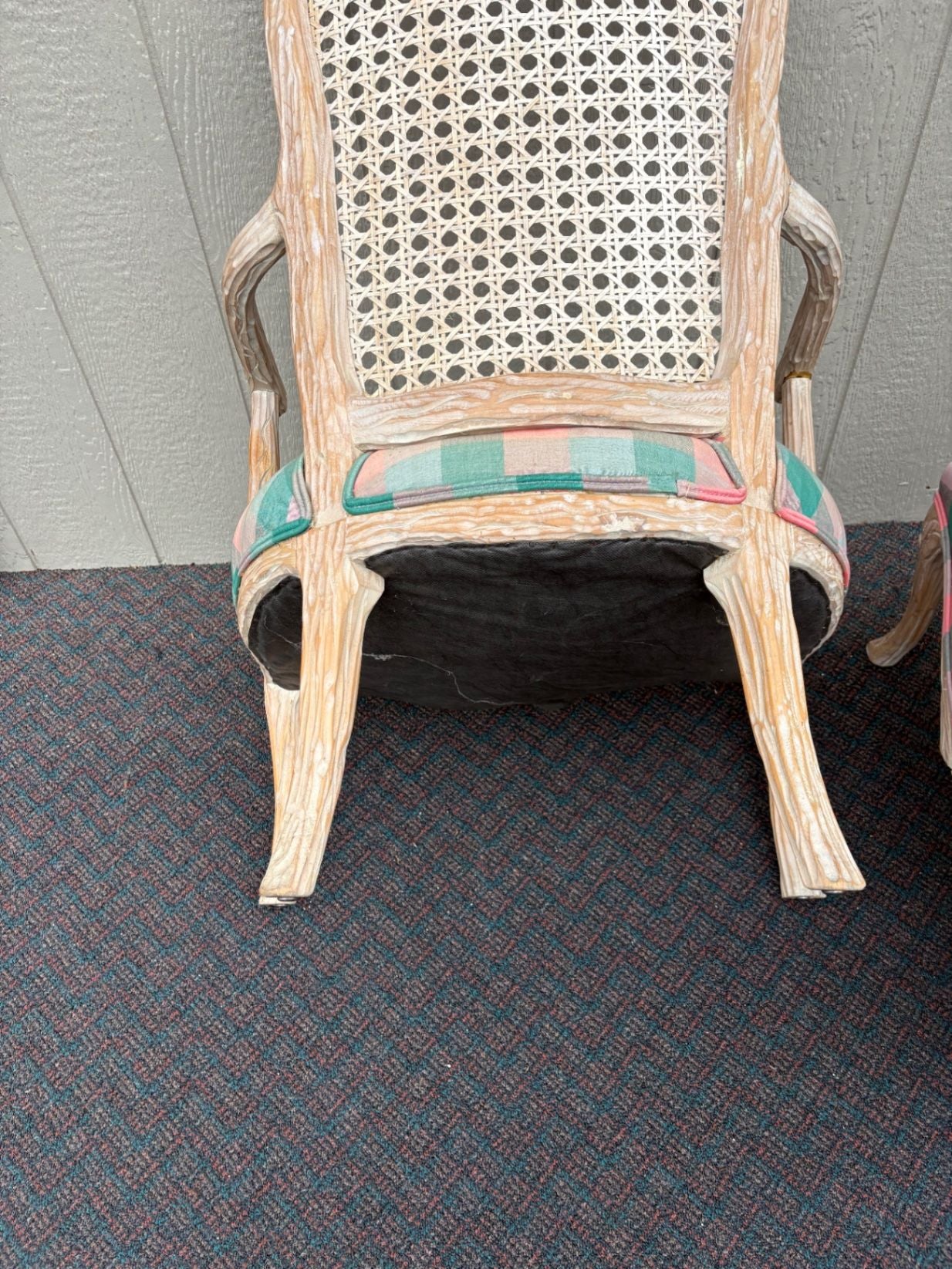 67549 Pair of French Provincial Caned Armchairs with Plaid Upholstery