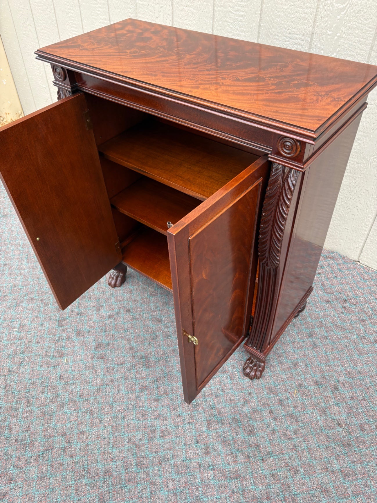 68003 Antique Mahogany Cabinet with Claw Feet and Carved Details