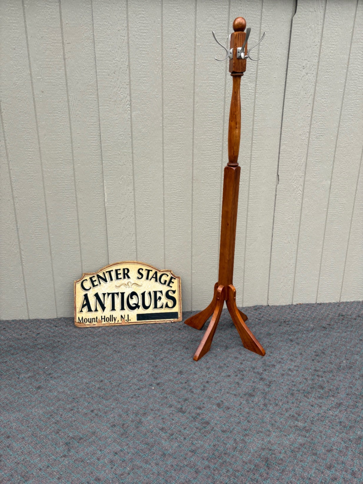 68030 Mid-Century Modern Solid Wood Coat Tree with Metal Hooks