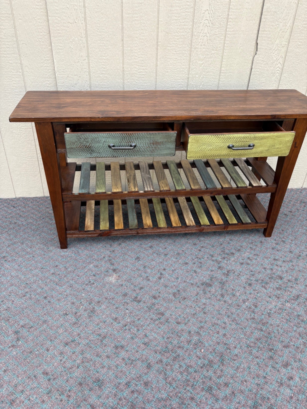 67990 Rustic Wood Console Table with Multi-Color Drawers and Shelves