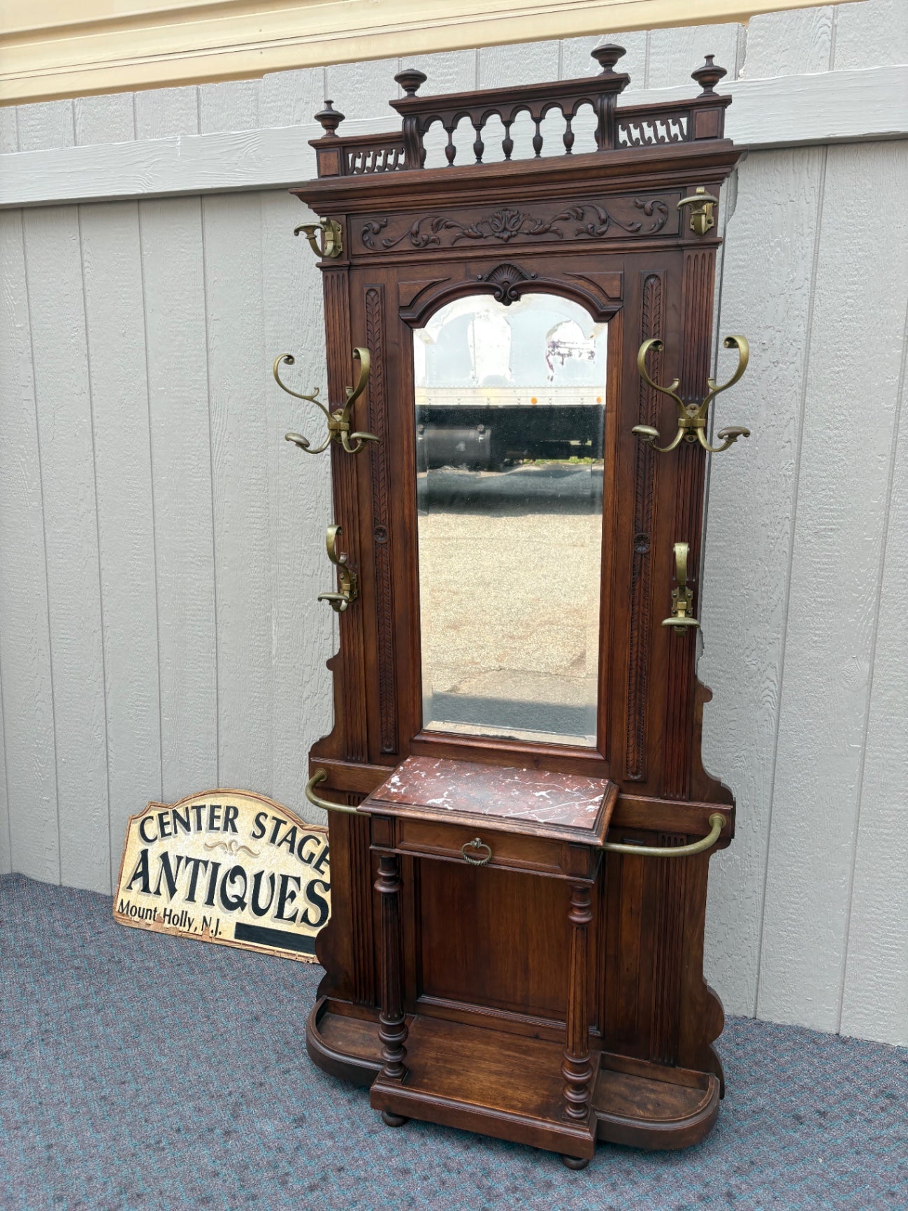 67570 Victorian Hall Tree Hatrack with Mirror and Marble Shelf