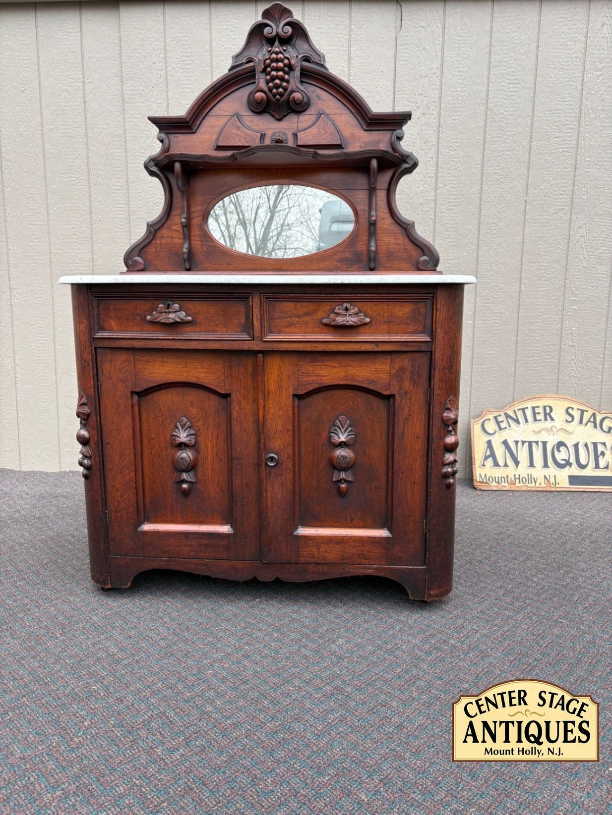 67622 Victorian Marble Top Buffet with Mirror and Ornate Carvings