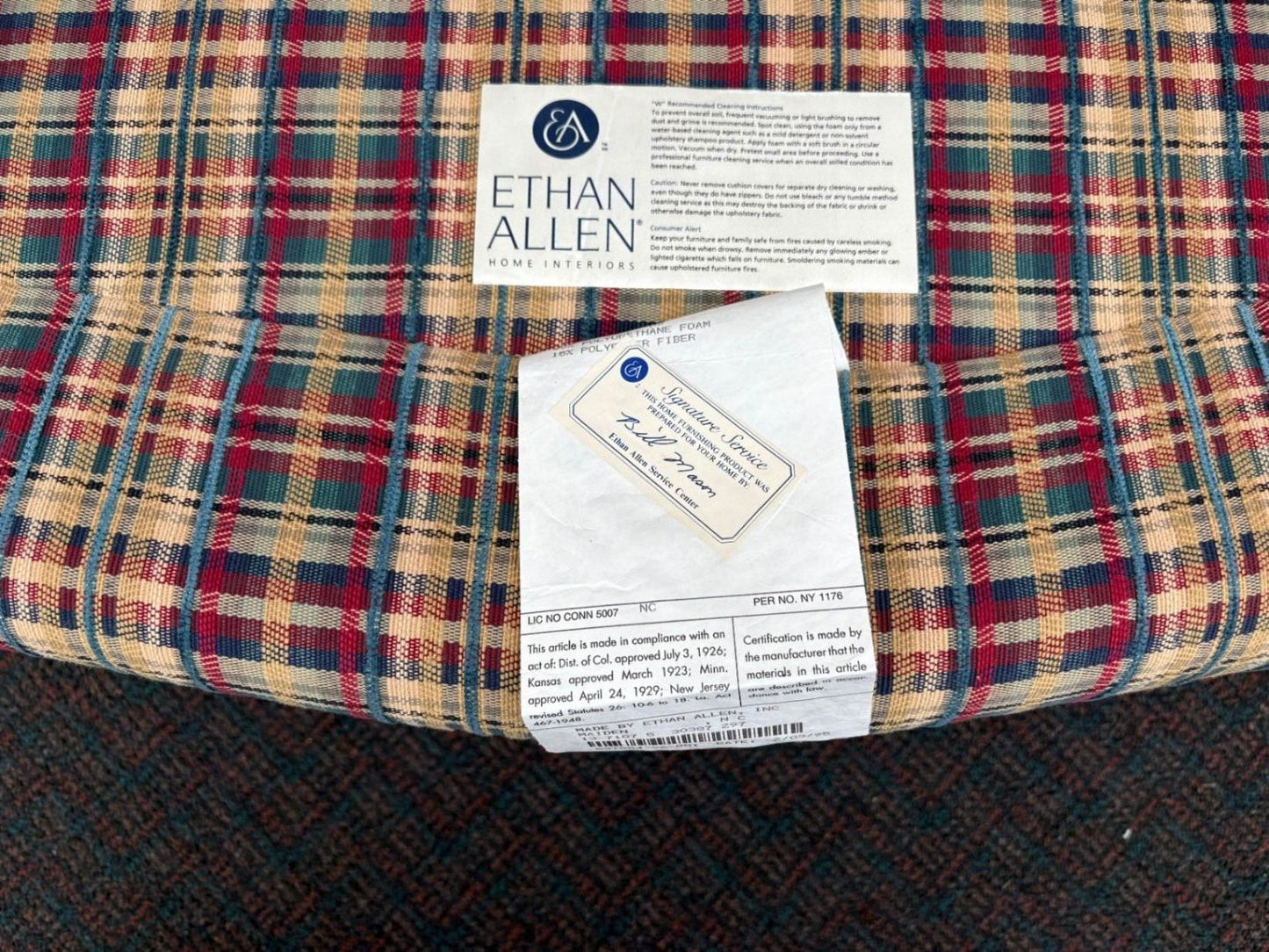 67548  Ethan Allen Louis XV Style Armchair with Plaid Upholstery