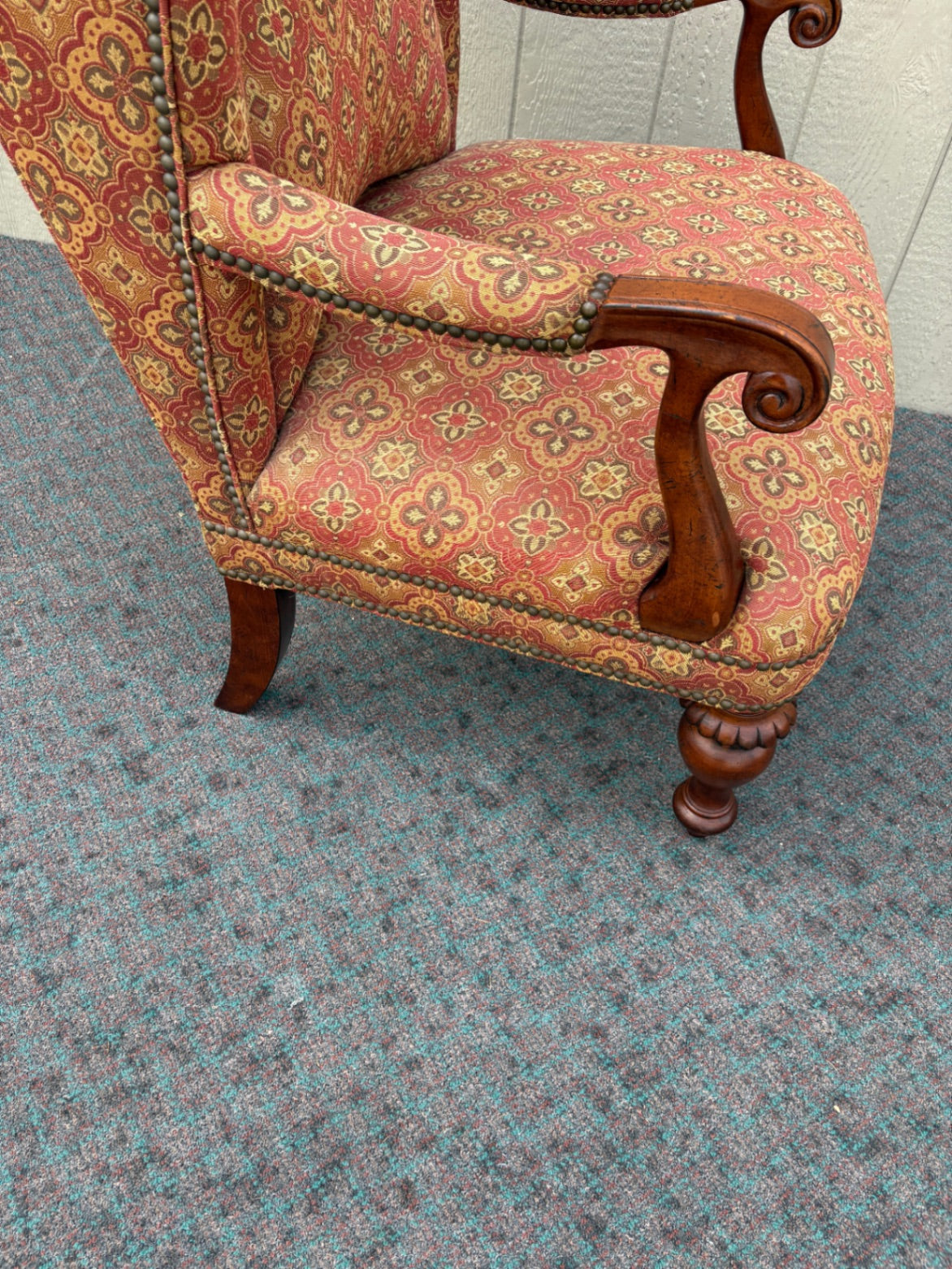 67940 Thomasville Traditional Wingback Armchair with Ornate Fabric Upholstery