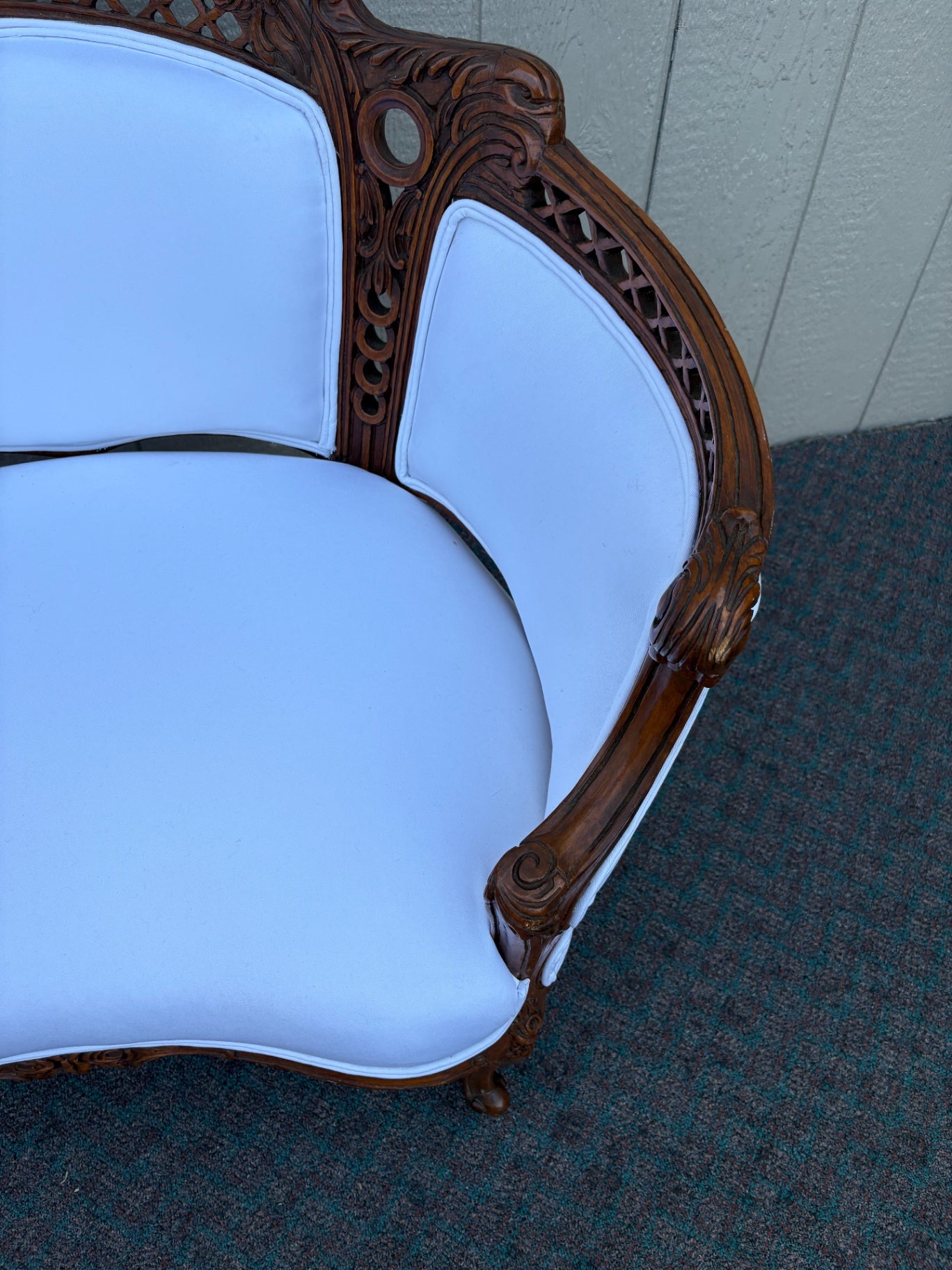 67850 Victorian Carved Wood Settee with Bird Motif and Upholstery