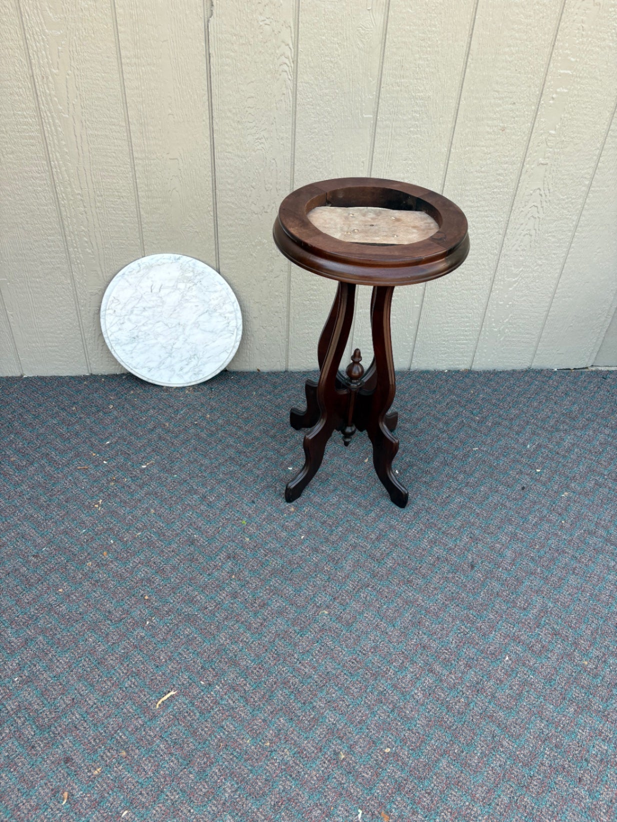 67777  Victorian Marble-Top Pedestal Table with Ornate Wooden Base