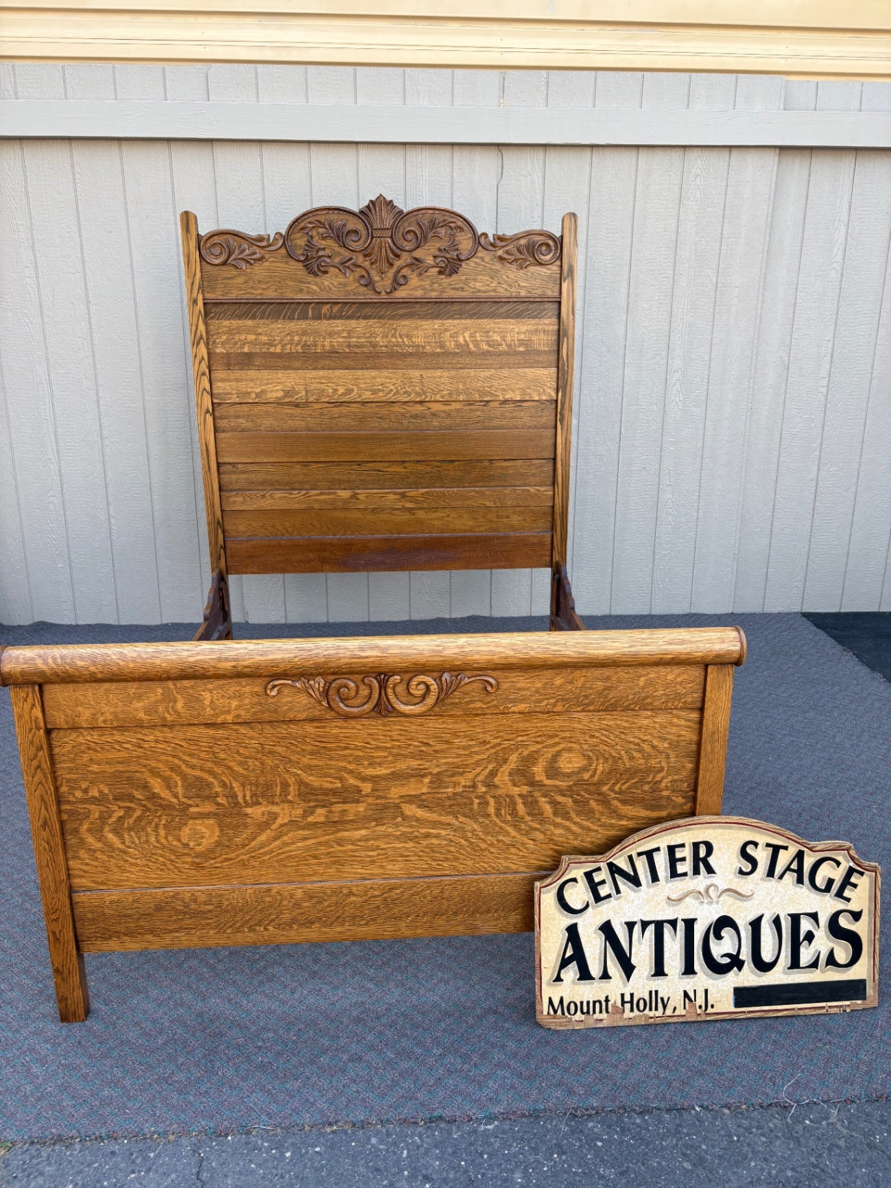 67793 Victorian Oak Full Size Bed Frame with Carved Details