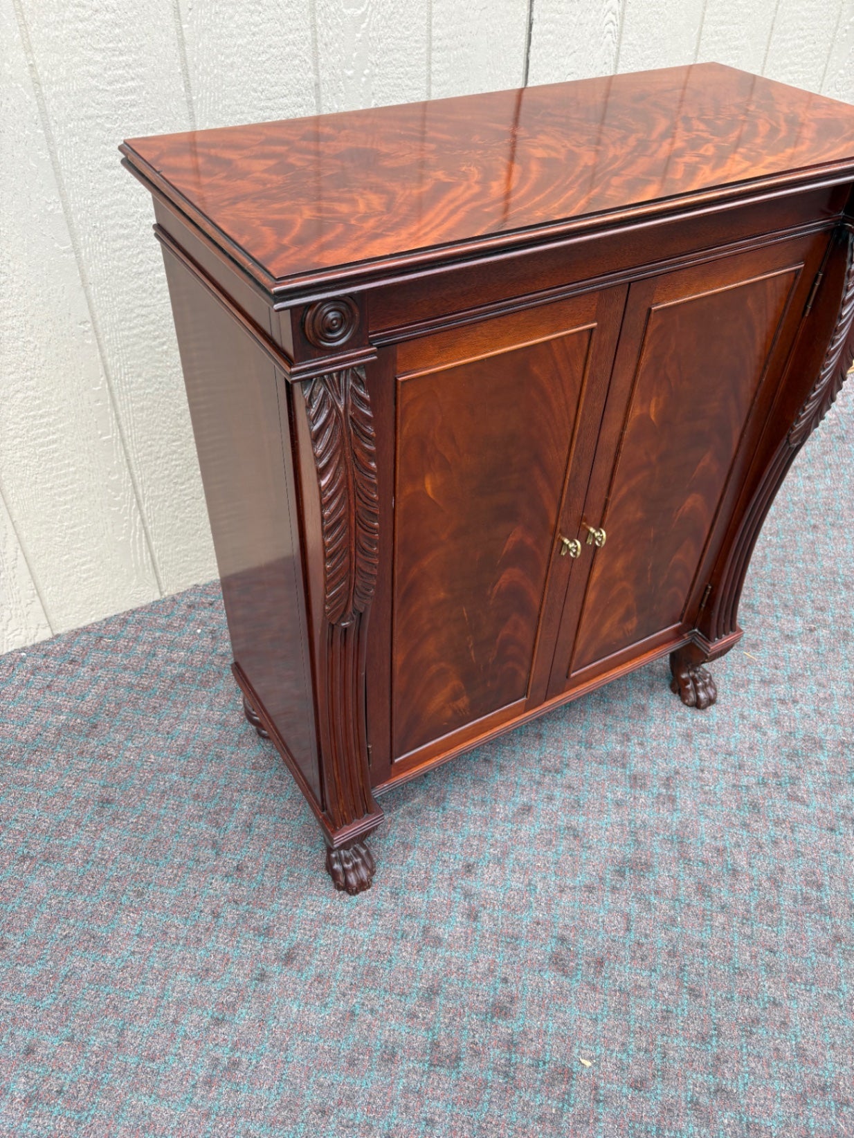 68003 Antique Mahogany Cabinet with Claw Feet and Carved Details