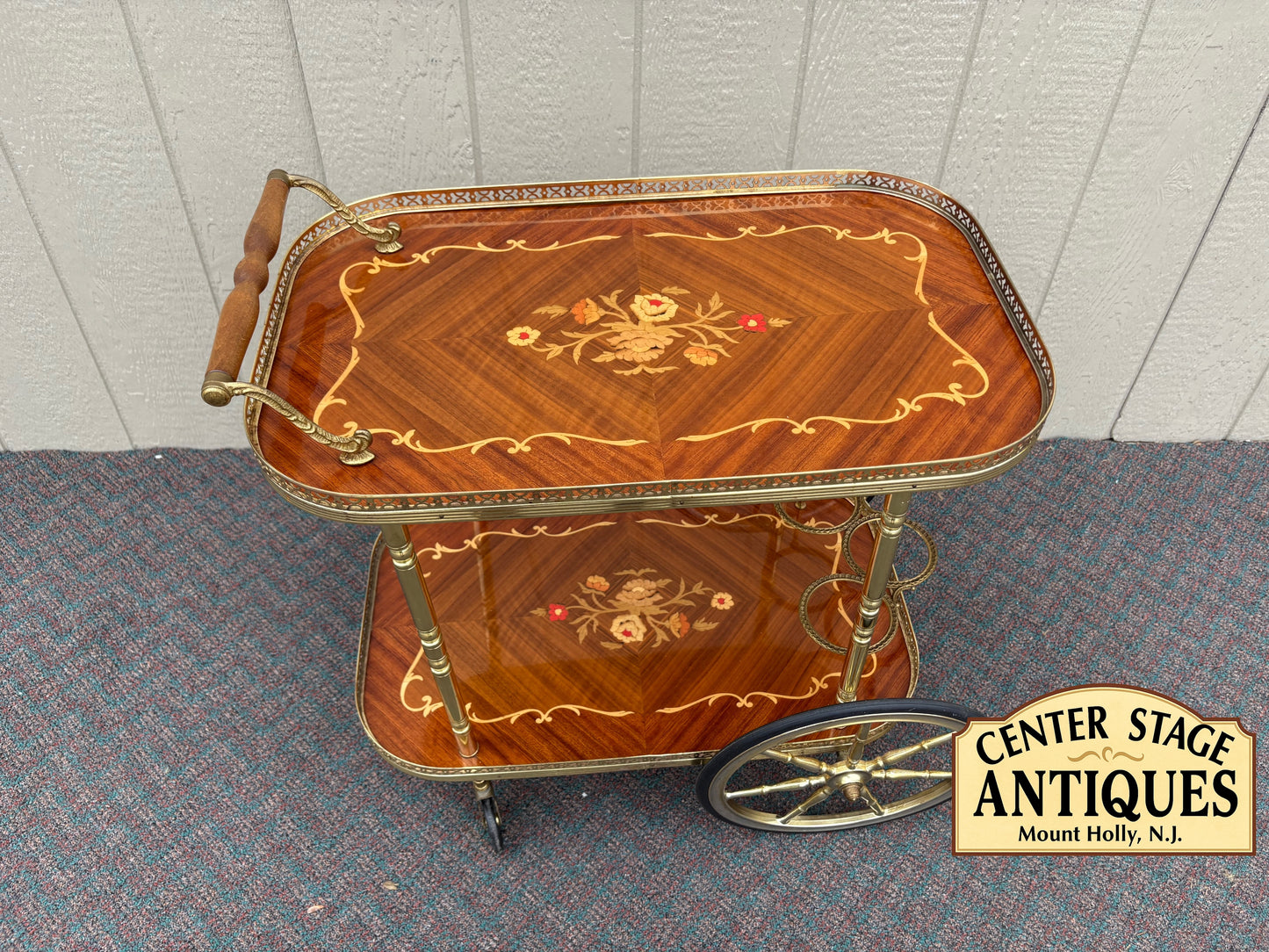 67707 Italian Mid-Century Inlaid Wood and Brass Bar Cart with Floral Motif