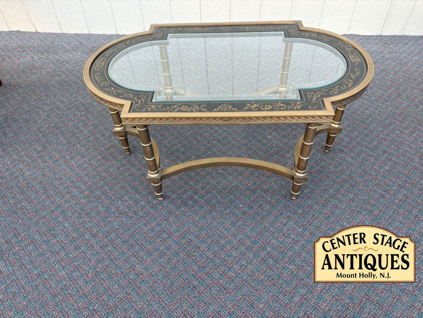 67498  Elegant Vintage Glass Top Coffee Table with Stenciled Design
