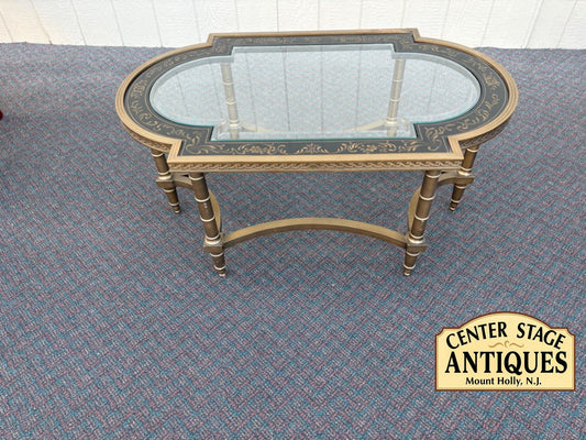67498  Elegant Vintage Glass Top Coffee Table with Stenciled Design