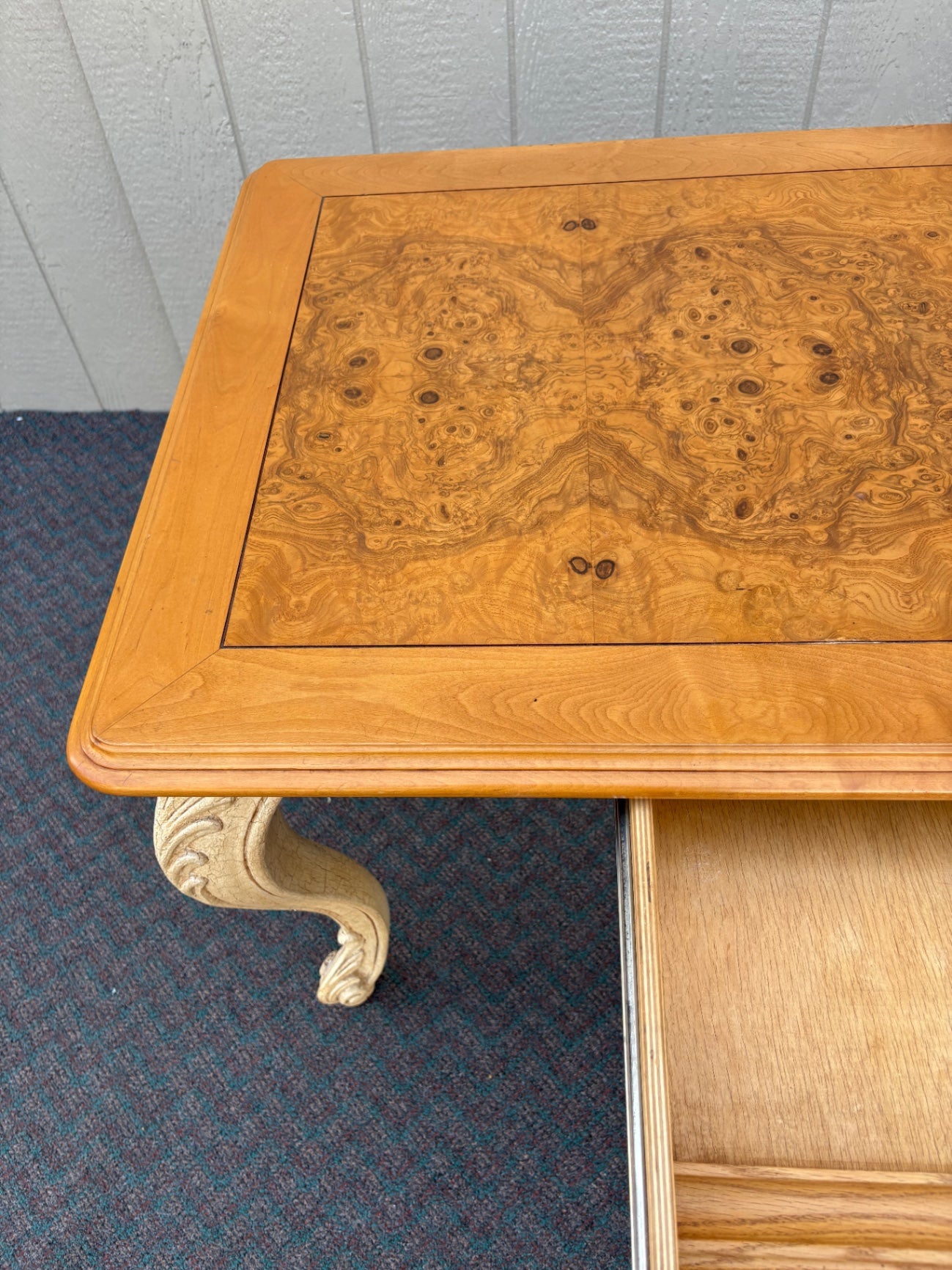 67794 BAU Furniture  Rococo Style Burl Wood Desk with Carved Cabriole Legs