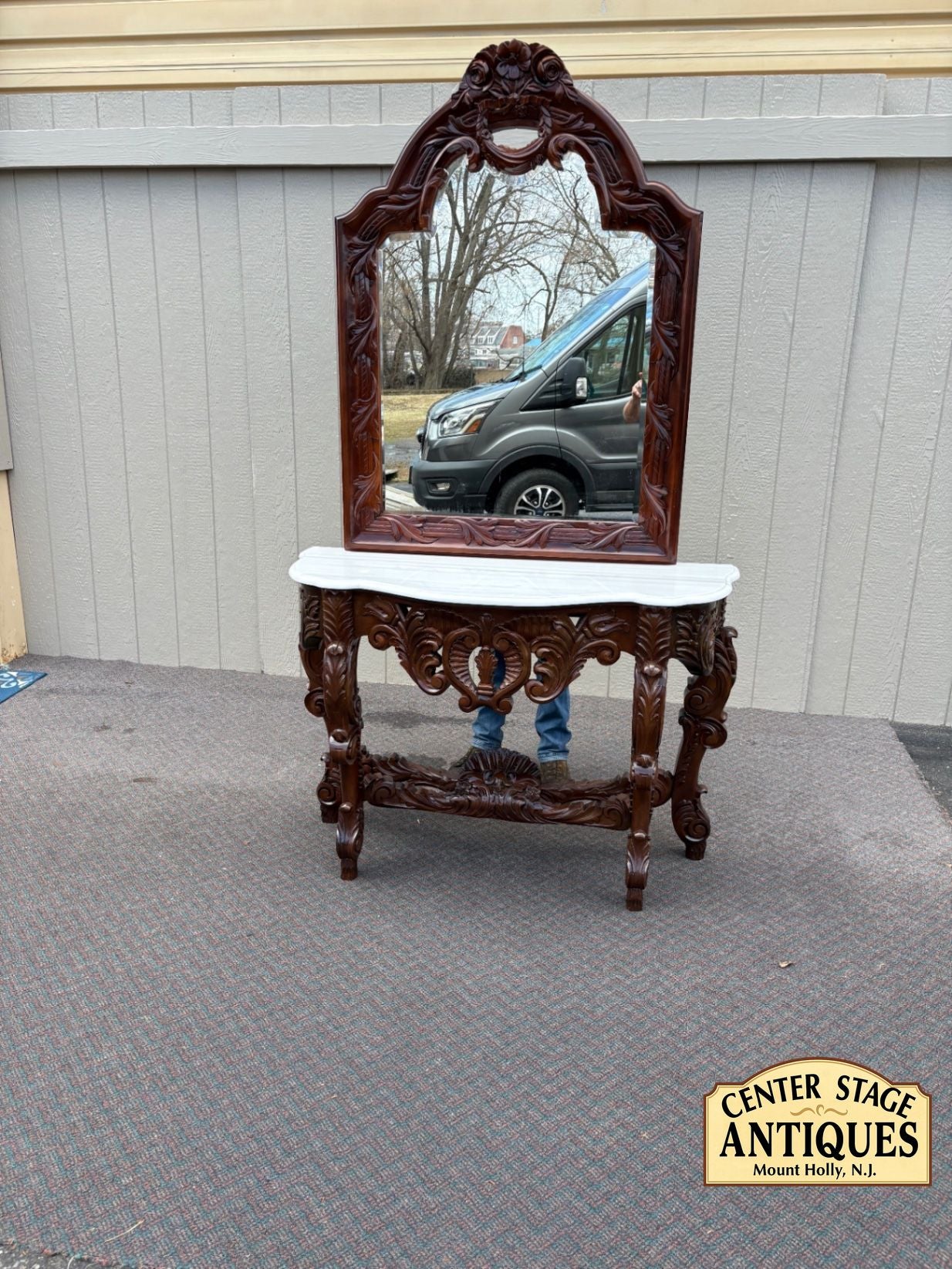 67574 Solid Mahogany  Marble Top Console Table with Ornate Mirror