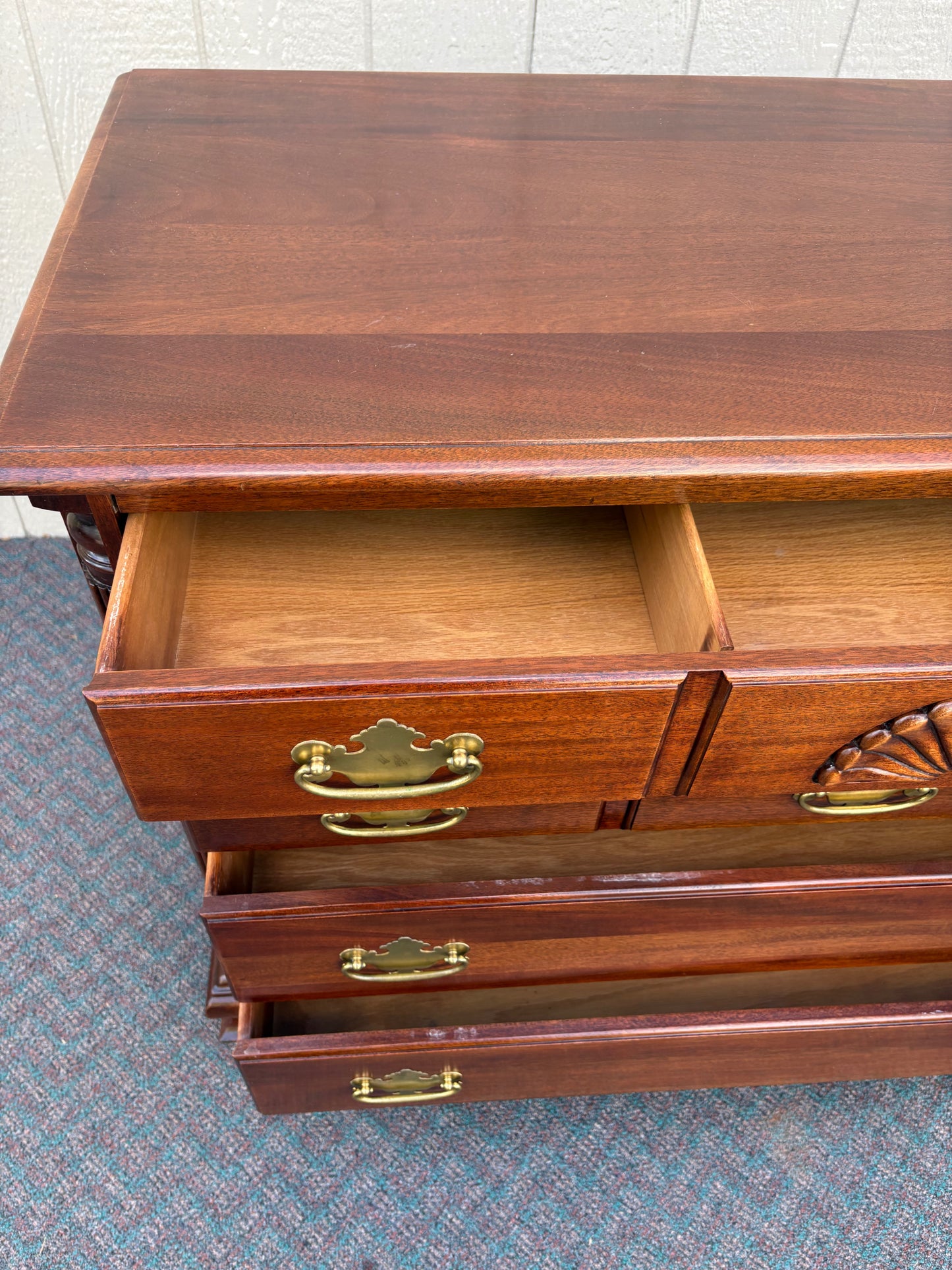 67738 Vintage Mahogany Chest with Brass Hardware and Shell Carving