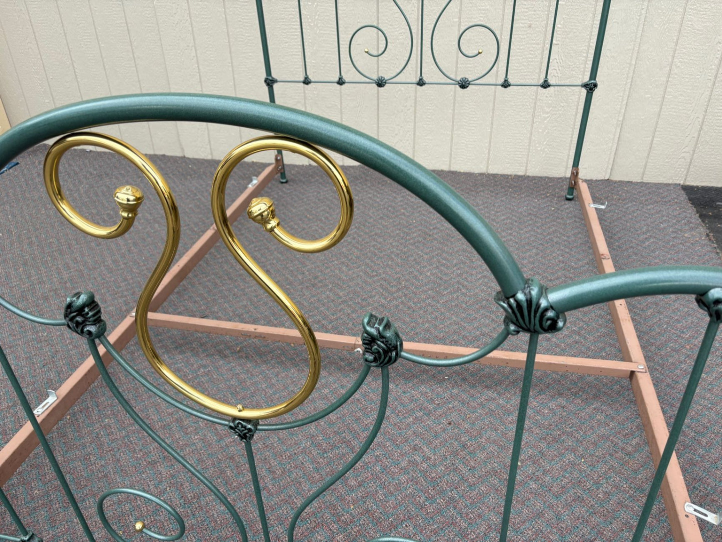 67398  Vintage Brass and Green Metal Full Size Bed Frame