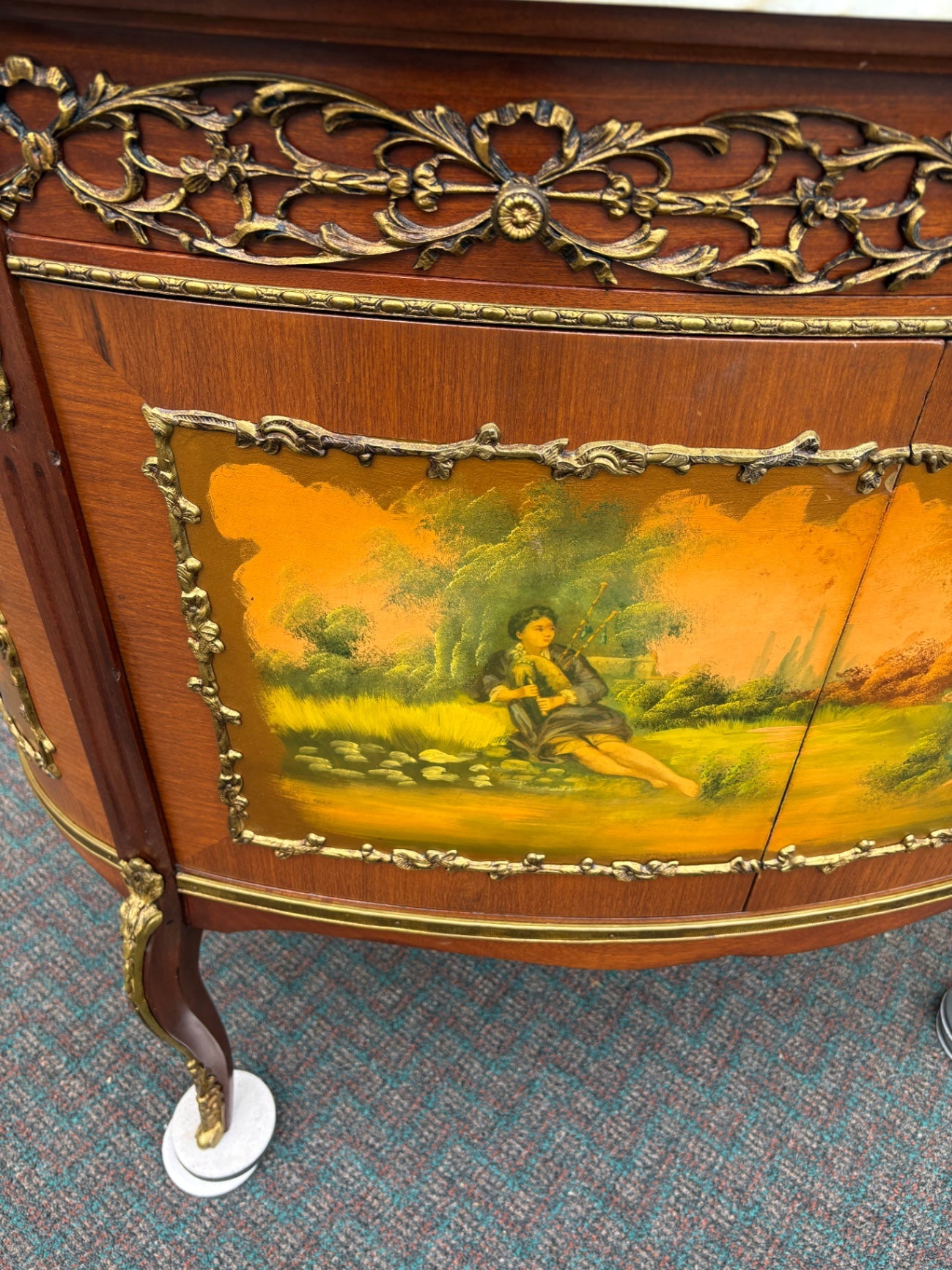 67819 Exquisite Louis XV Style Cabinet with Marble Top and Hand-Painted Panels