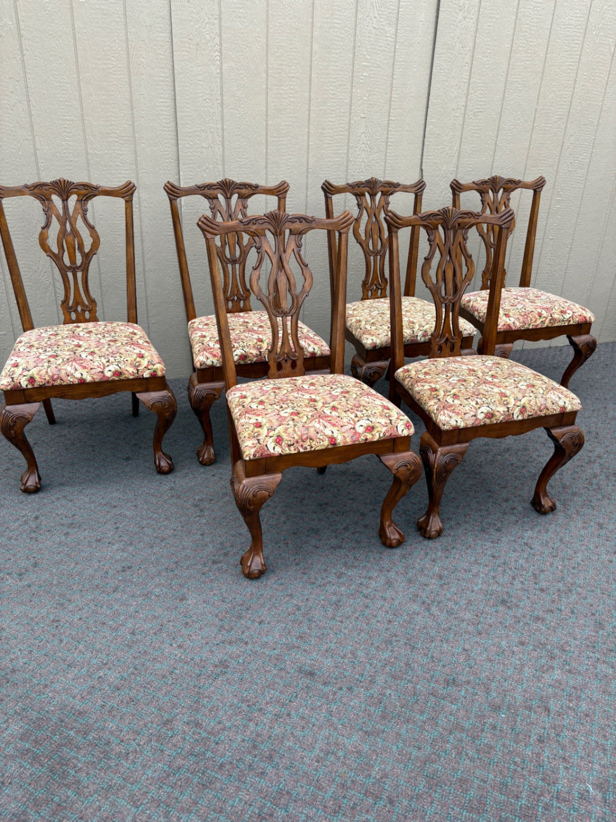 67996  Set of 6 Chippendale Style Dining Chairs with Upholstered Seats