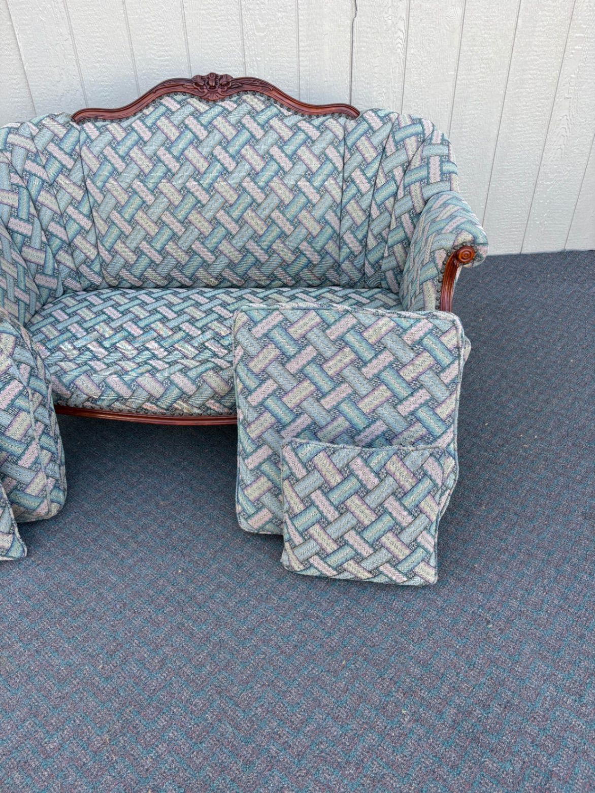 67630 Vintage French Provincial Loveseat with Carved Wood Frame